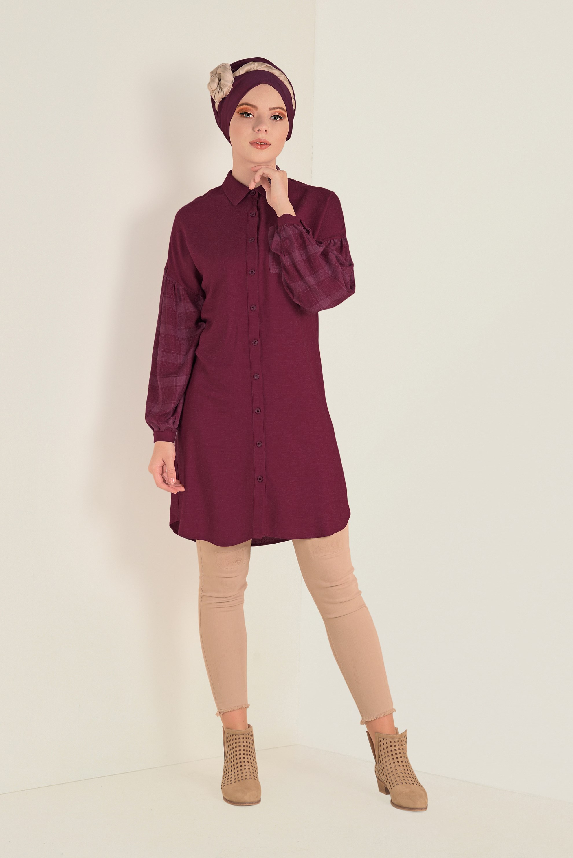 Tesettür giyim BORDO KOLLARI EKOSE DESENLİ TUNİK 4625 