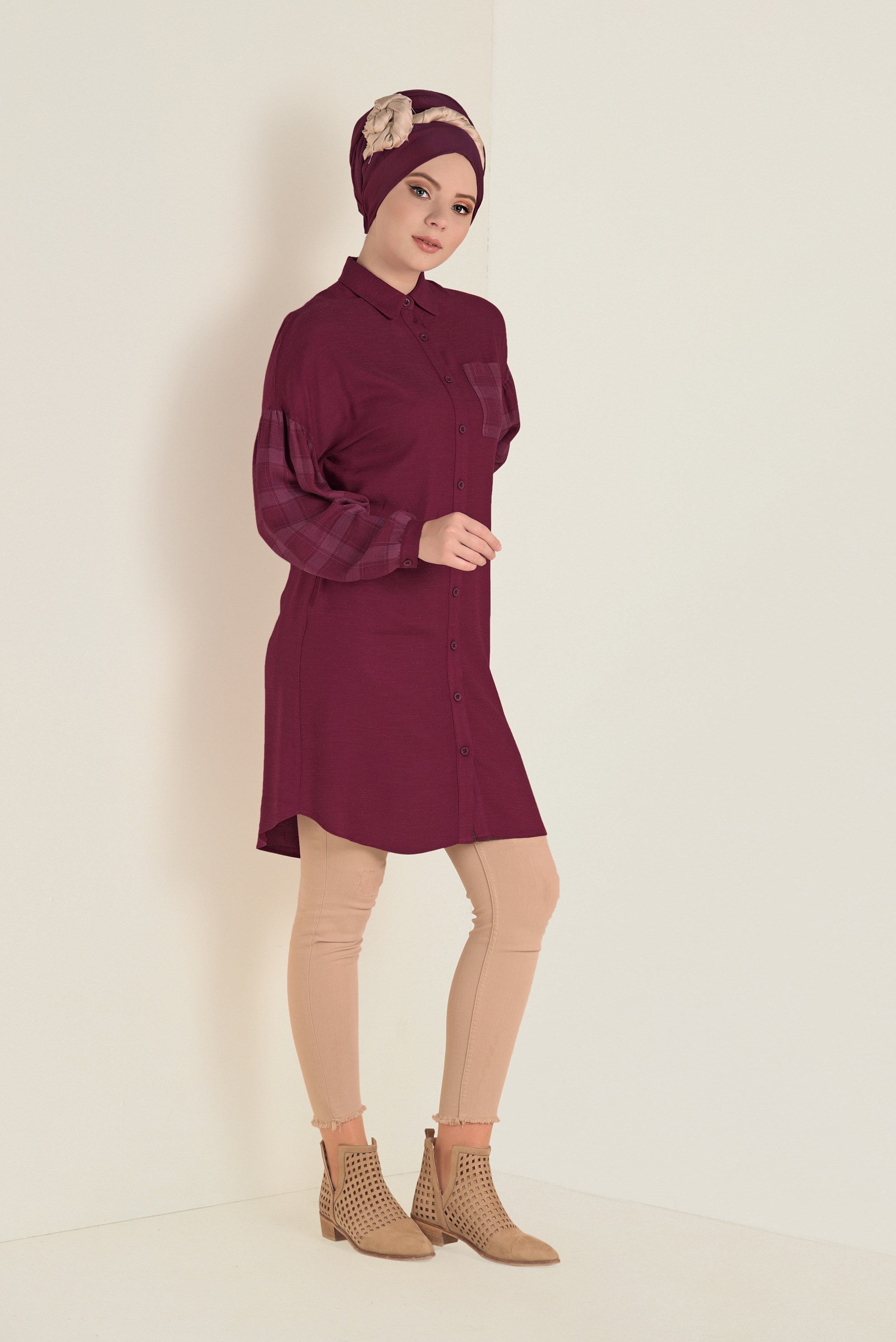 Tesettür giyim BORDO KOLLARI EKOSE DESENLİ TUNİK 4625 