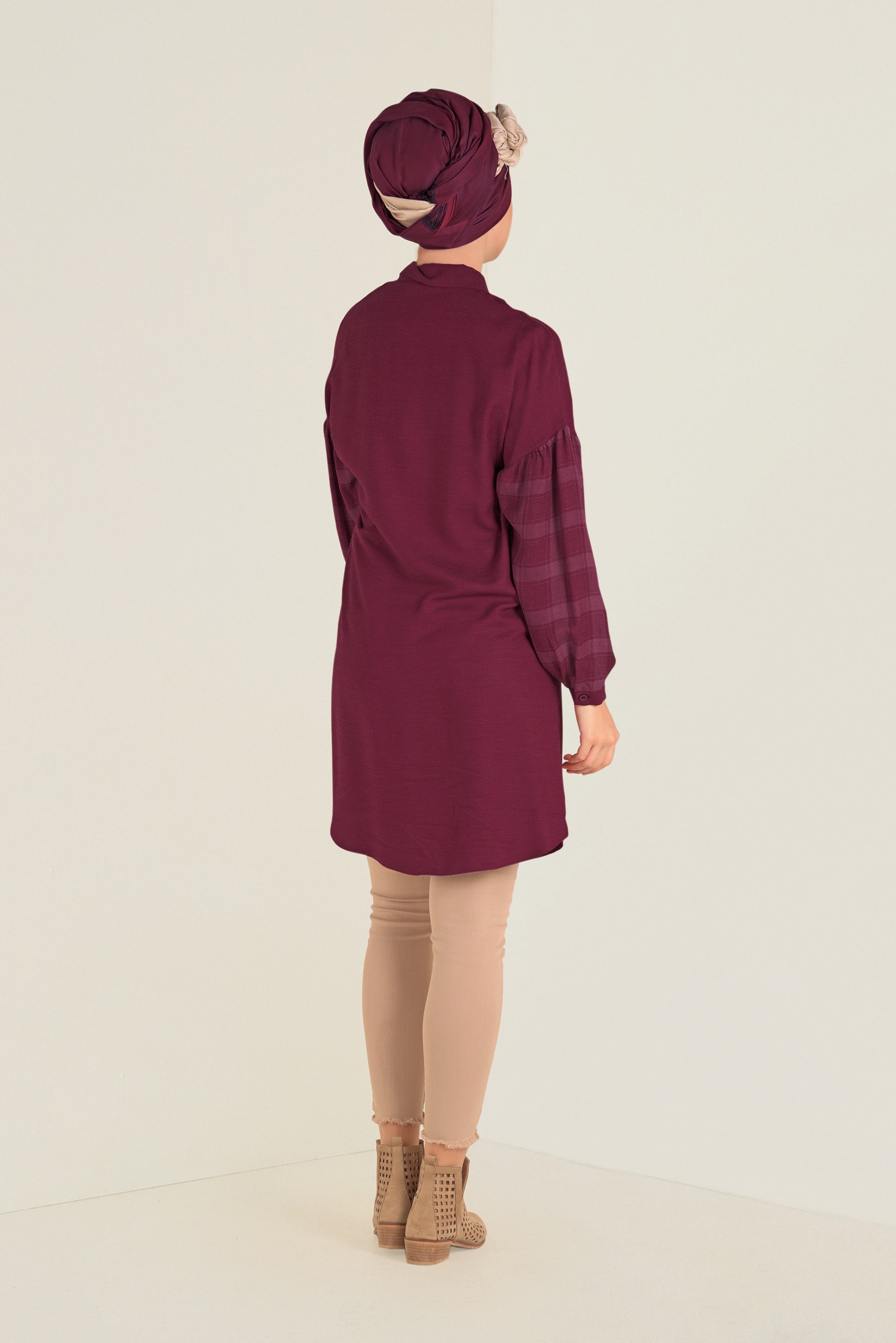 Tesettür giyim BORDO KOLLARI EKOSE DESENLİ TUNİK 4625 