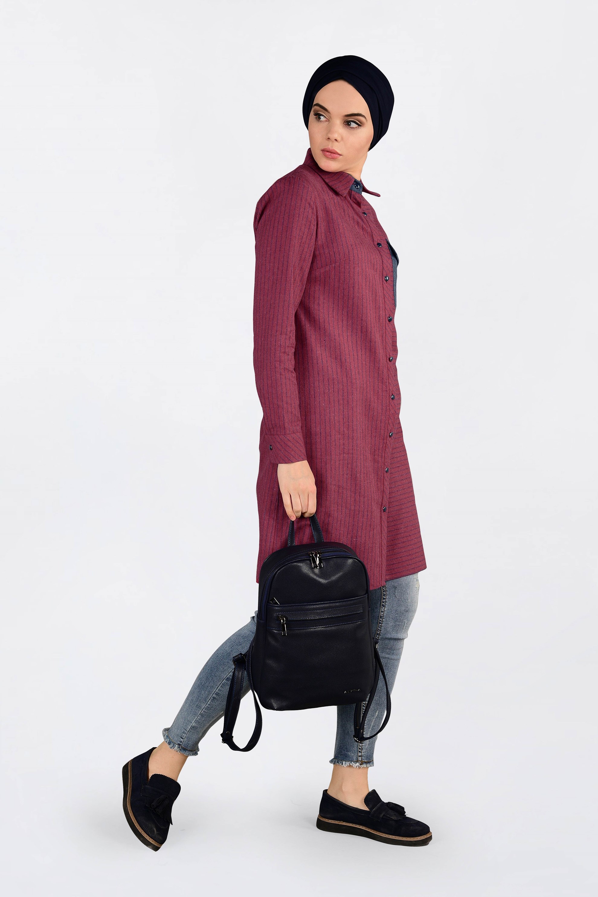 Tesettür giyim KIRMIZI ÖNÜ DÜĞMELİ ÇİZGİLİ TUNİK 4626 