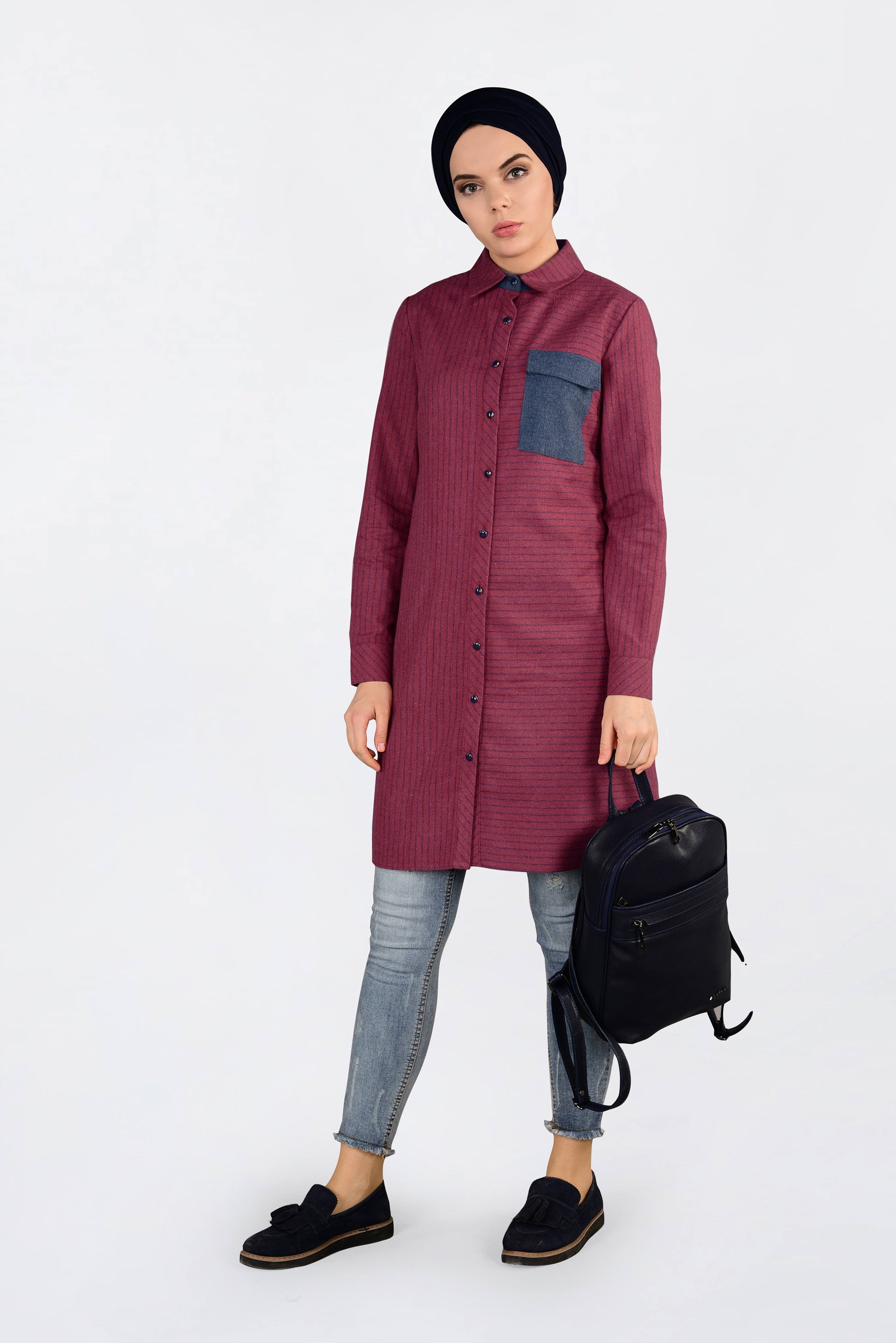 Tesettür giyim KIRMIZI ÖNÜ DÜĞMELİ ÇİZGİLİ TUNİK 4626 