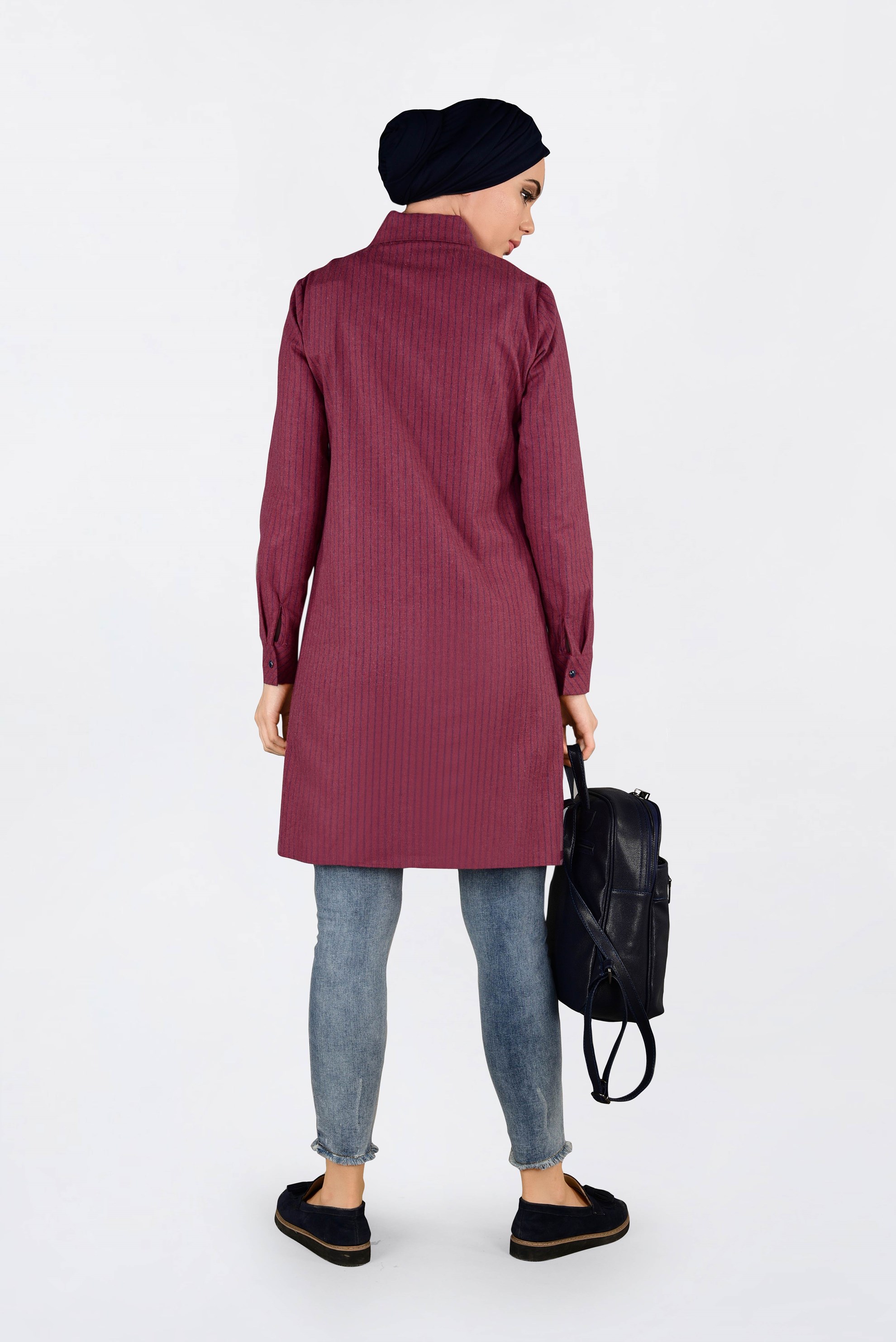 Tesettür giyim KIRMIZI ÖNÜ DÜĞMELİ ÇİZGİLİ TUNİK 4626 