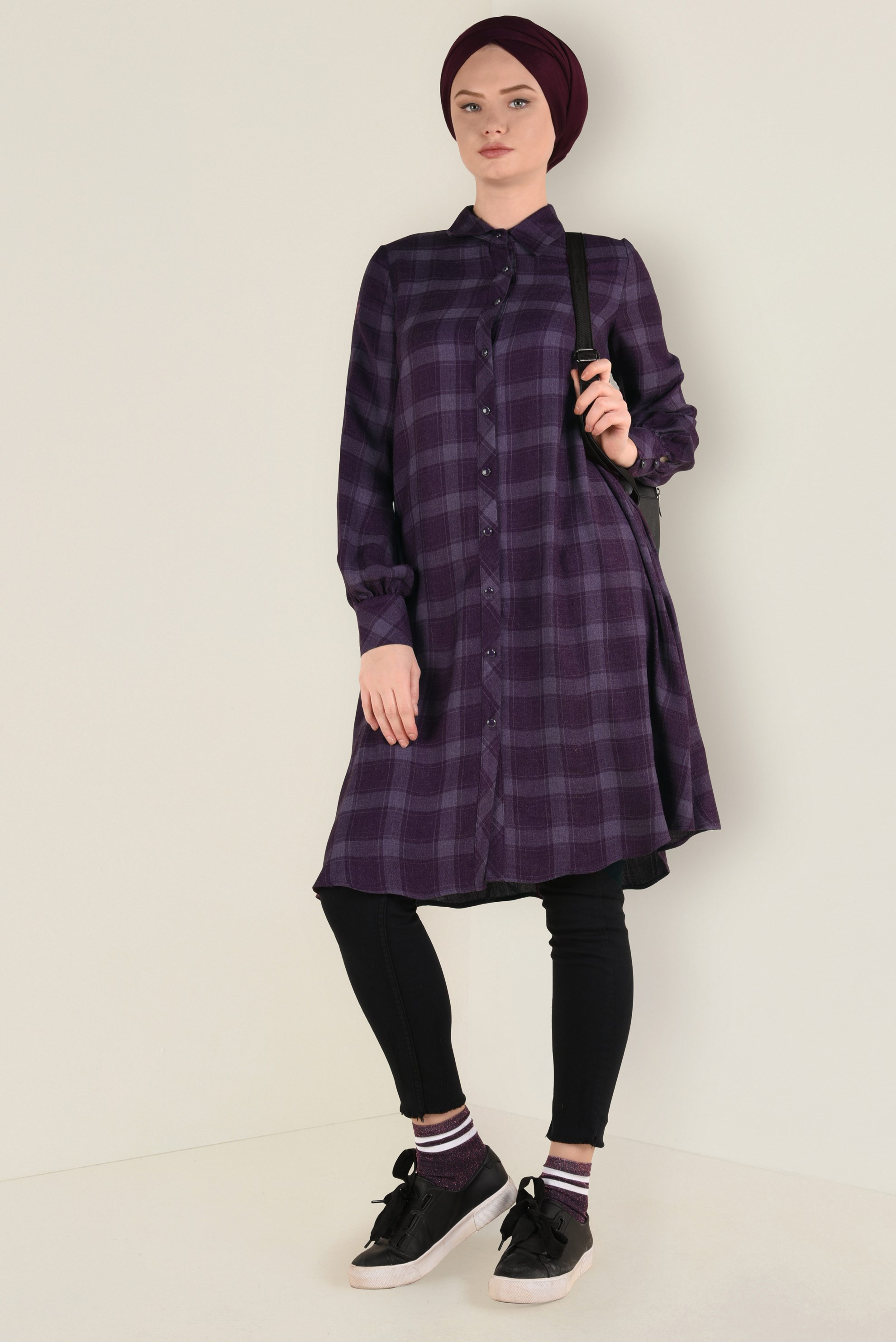 Tesettür giyim MÜRDÜM DÜĞME DETAYLI EKOSE DESENLİ TUNİK 4630 