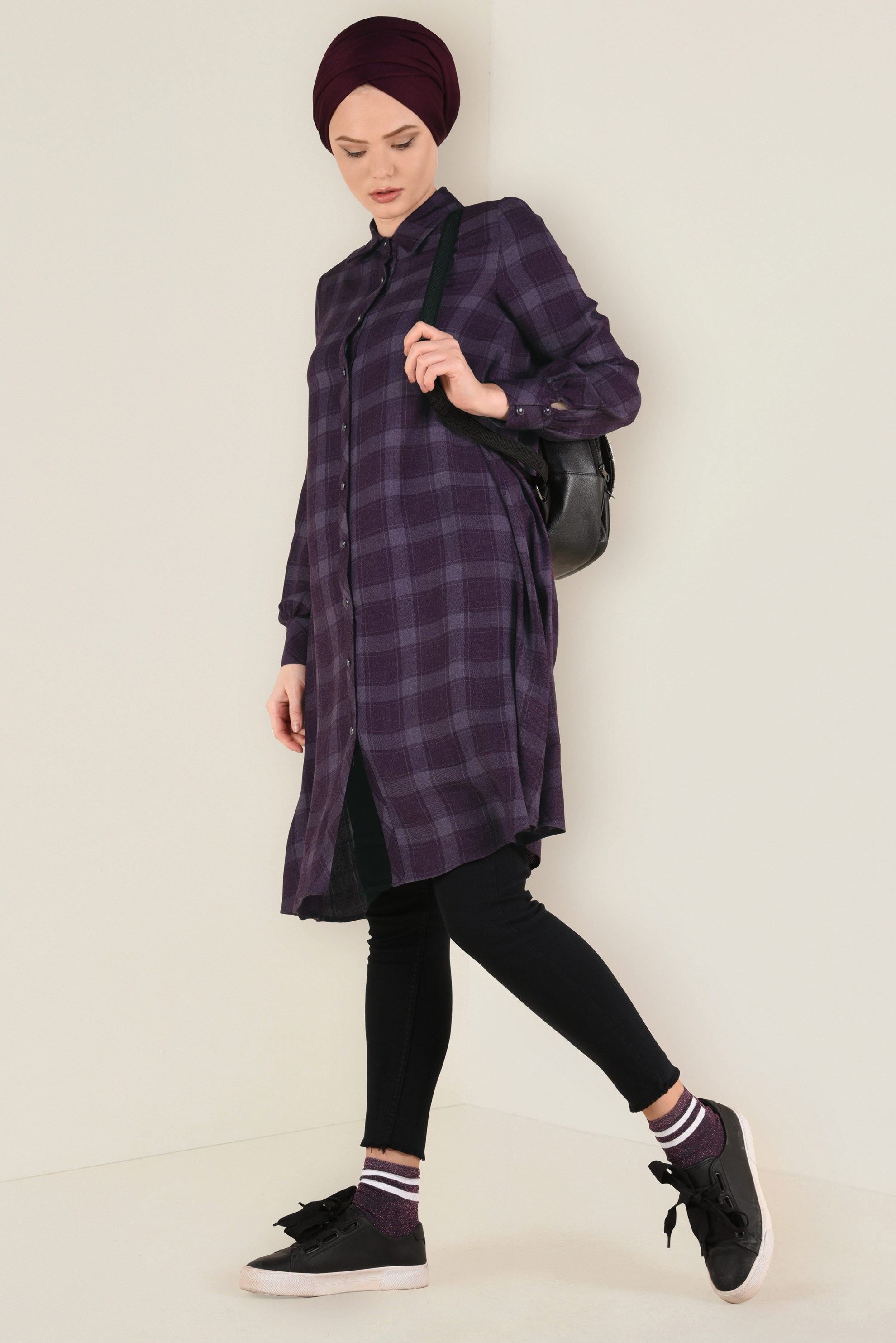 Tesettür giyim MÜRDÜM DÜĞME DETAYLI EKOSE DESENLİ TUNİK 4630 