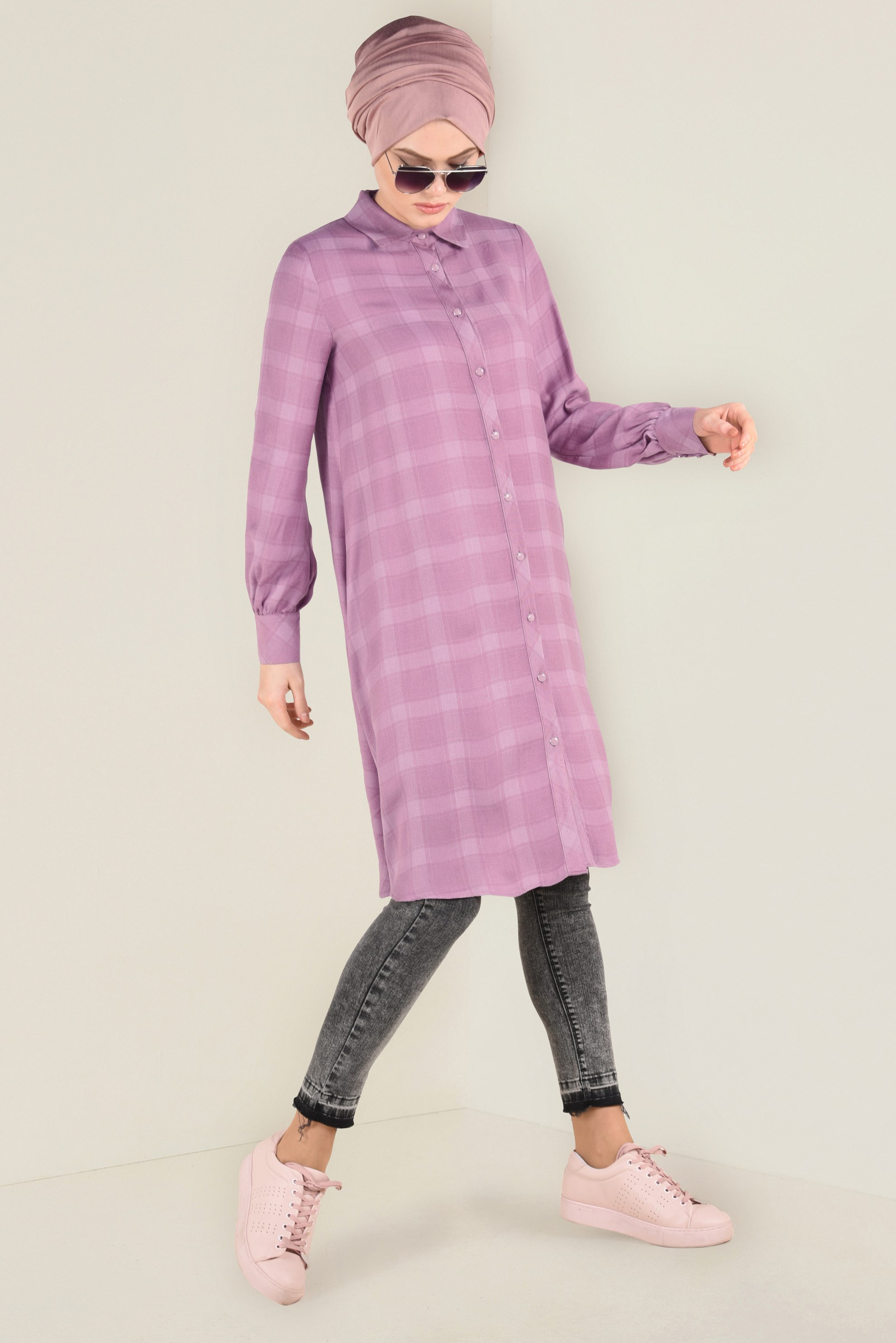 Tesettür giyim PUDRA DÜĞME DETAYLI EKOSE DESENLİ TUNİK 4630 