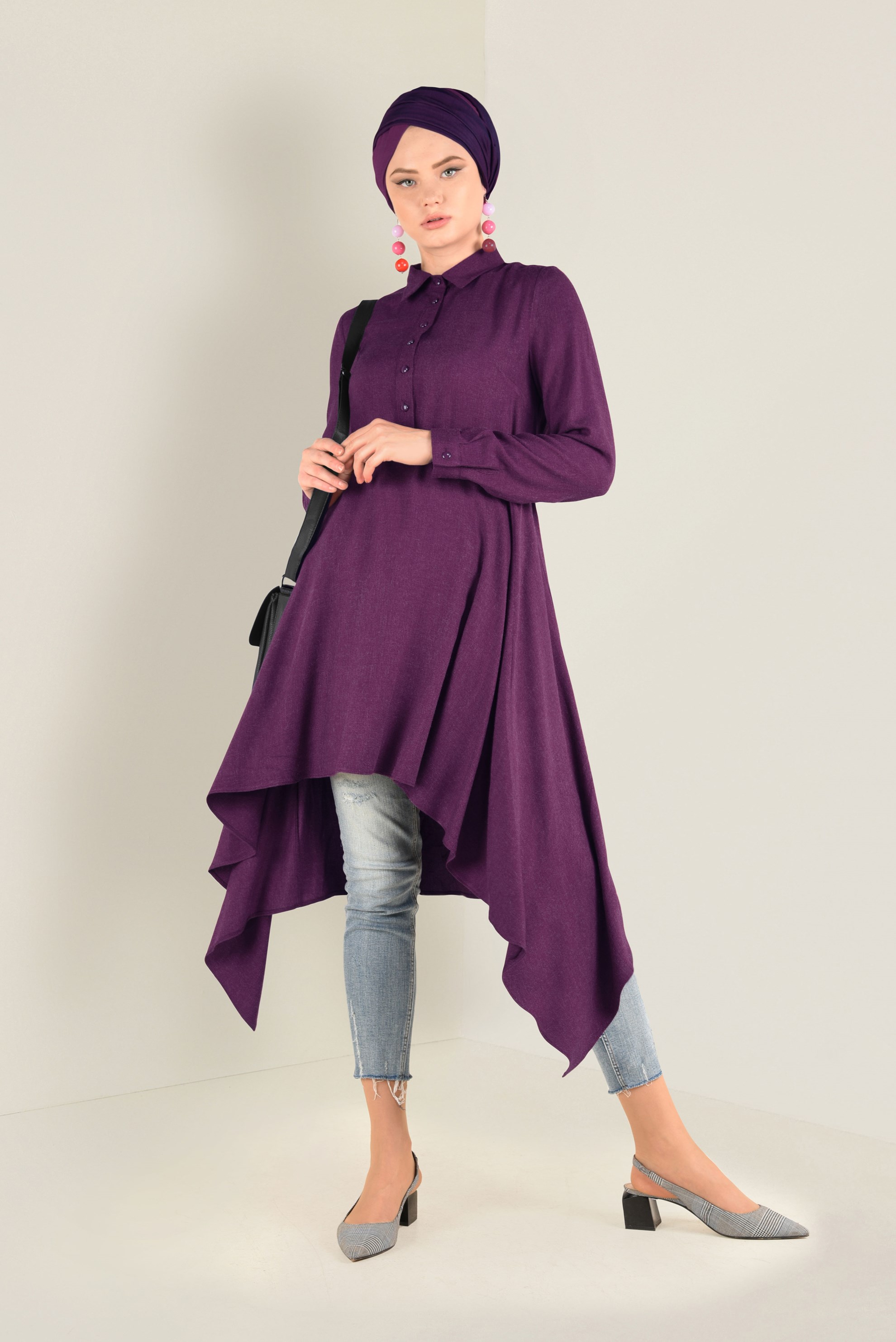 Tesettür giyim MOR ASİMETRİK KESİM BELDEN BÜZGÜLÜ TUNİK 4631