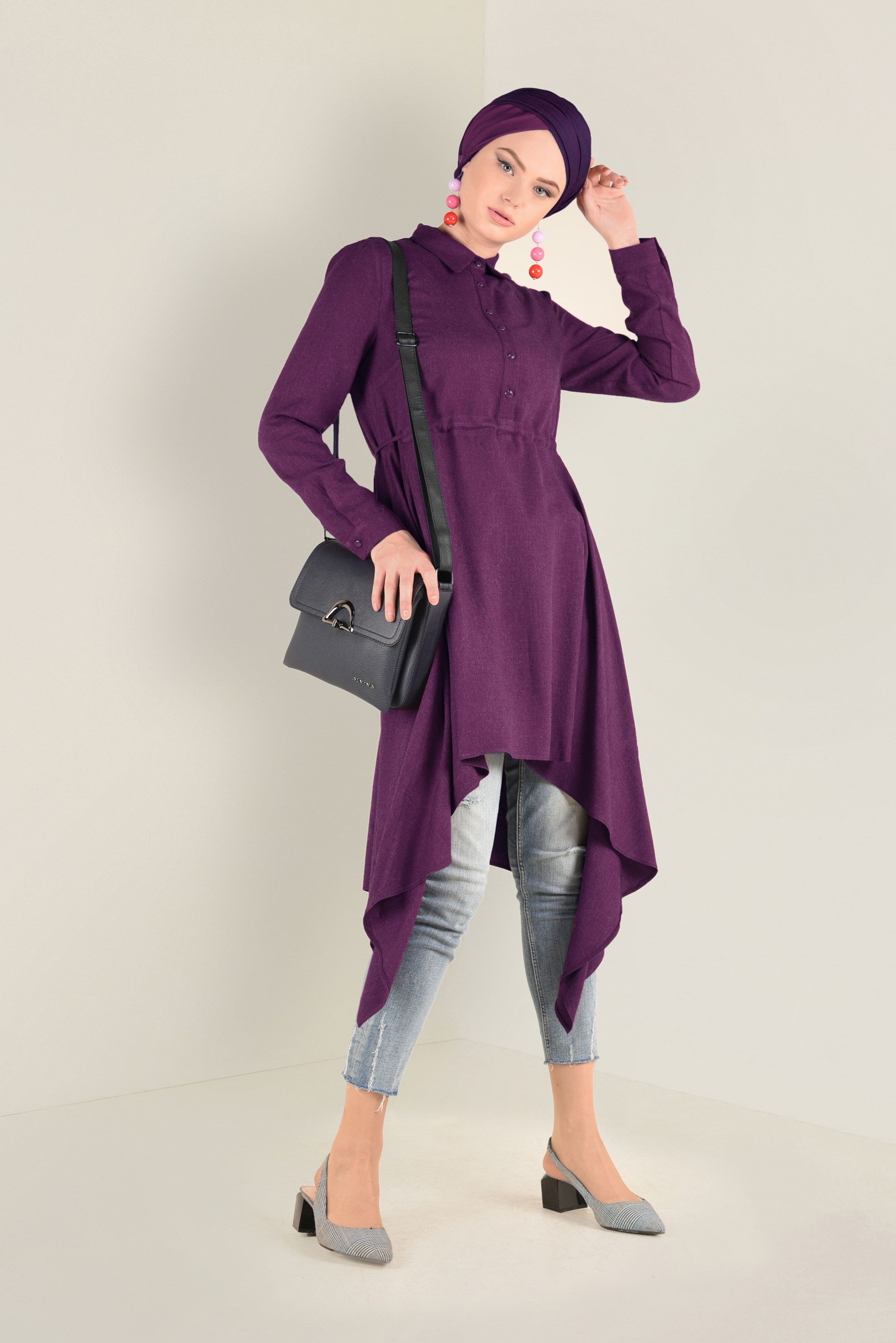 Tesettür giyim MOR ASİMETRİK KESİM BELDEN BÜZGÜLÜ TUNİK 4631