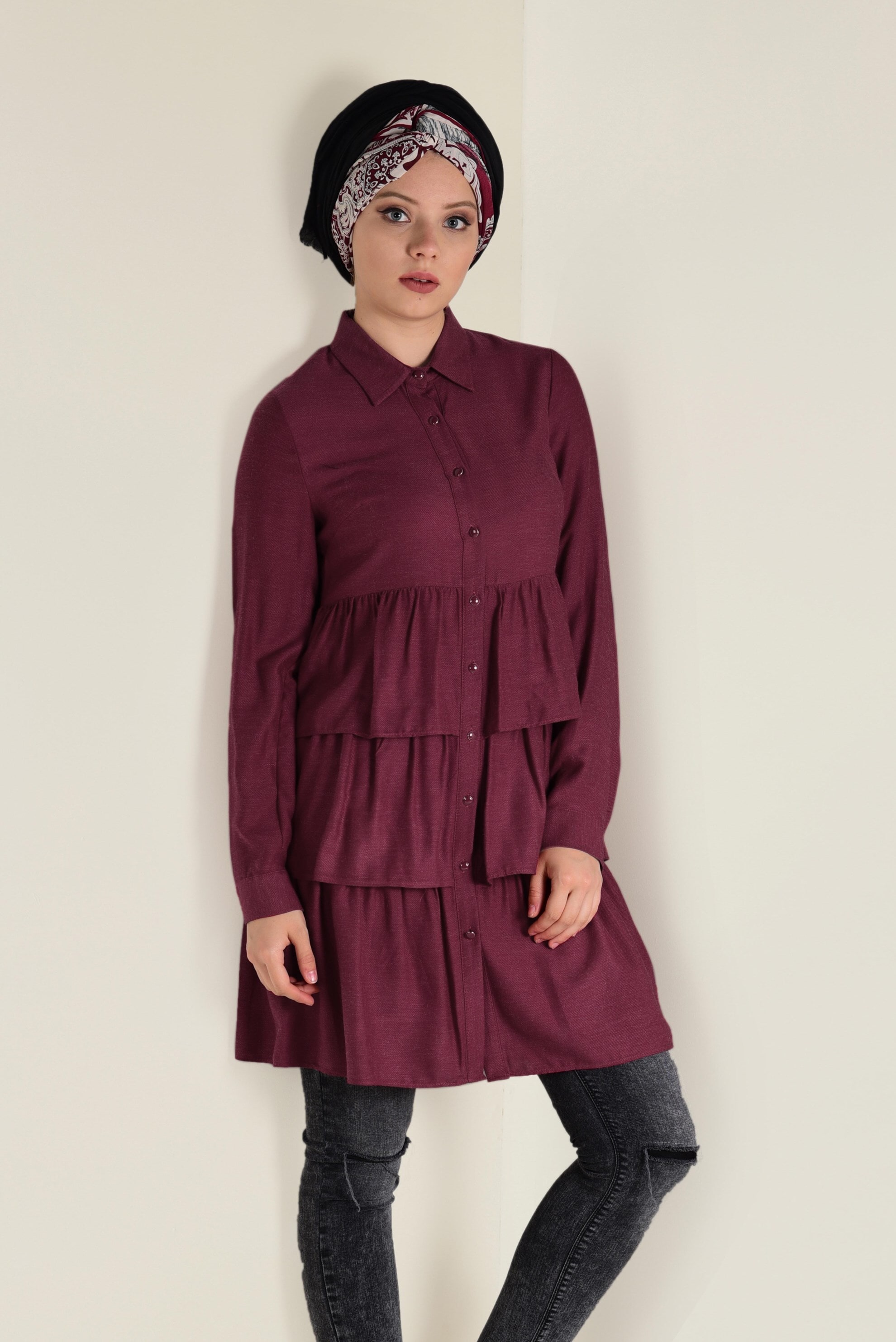 Tesettür giyim KIRMIZI VOLANLI KAT KAT TUNİK 4632 