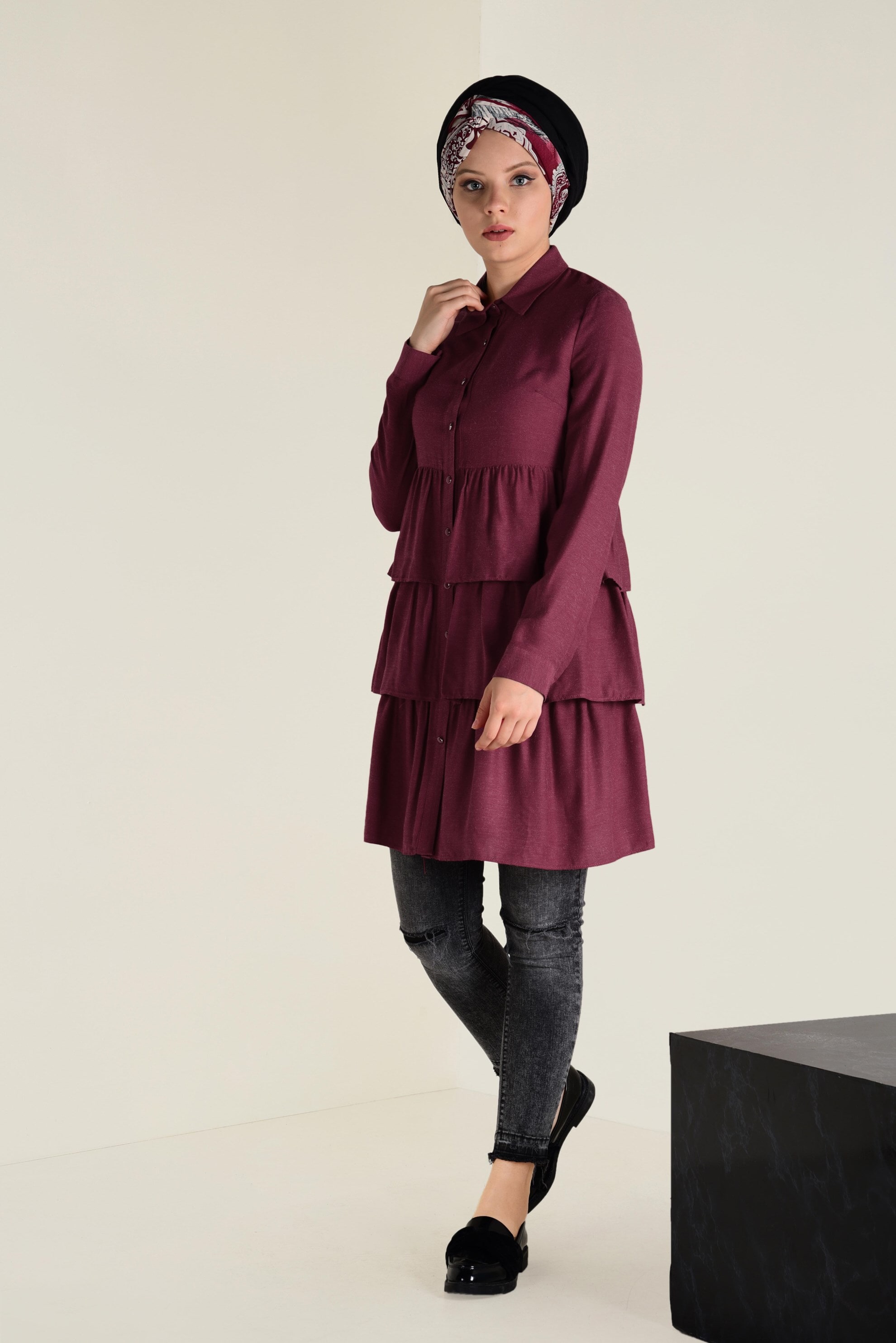 Tesettür giyim KIRMIZI VOLANLI KAT KAT TUNİK 4632 