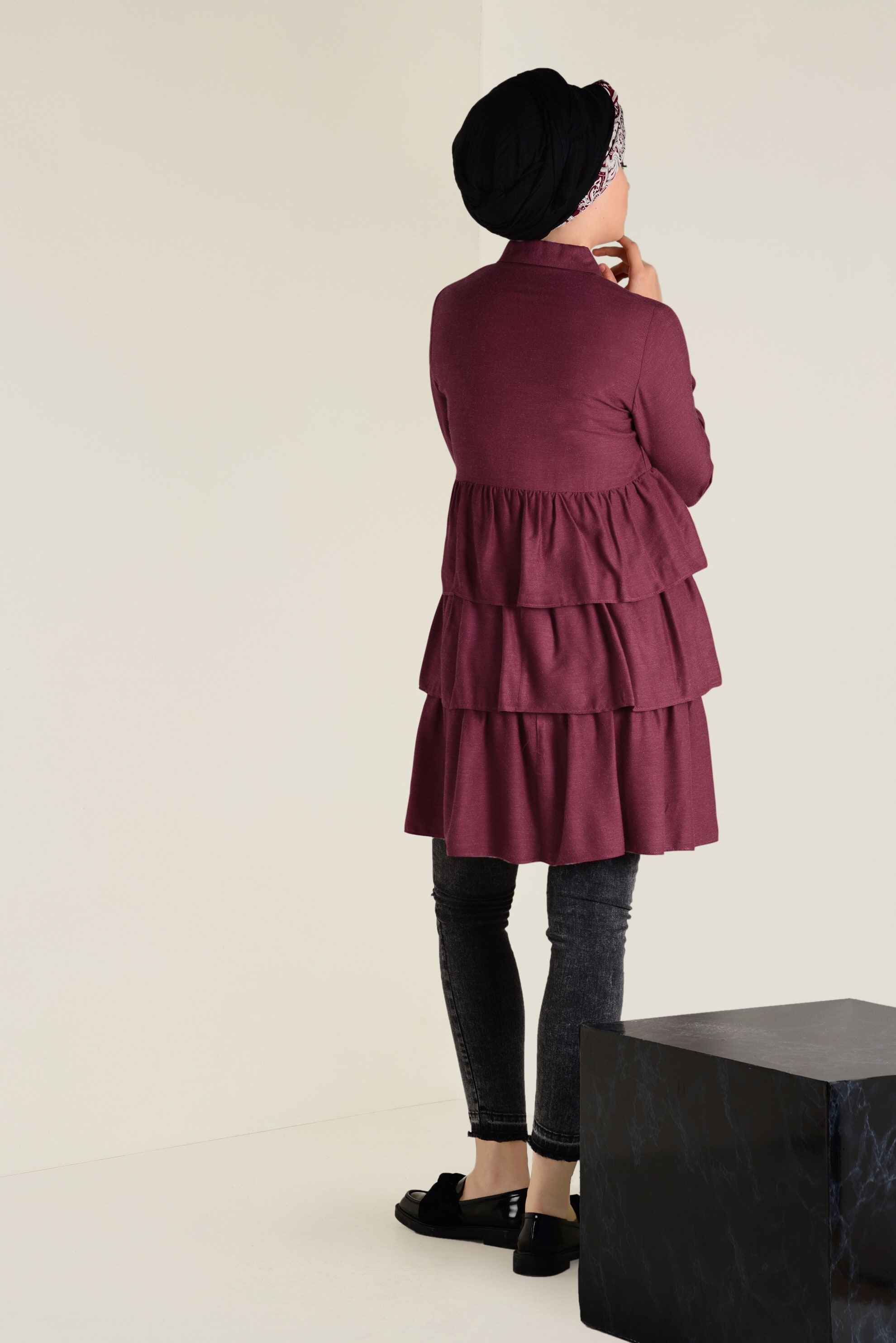 Tesettür giyim KIRMIZI VOLANLI KAT KAT TUNİK 4632 