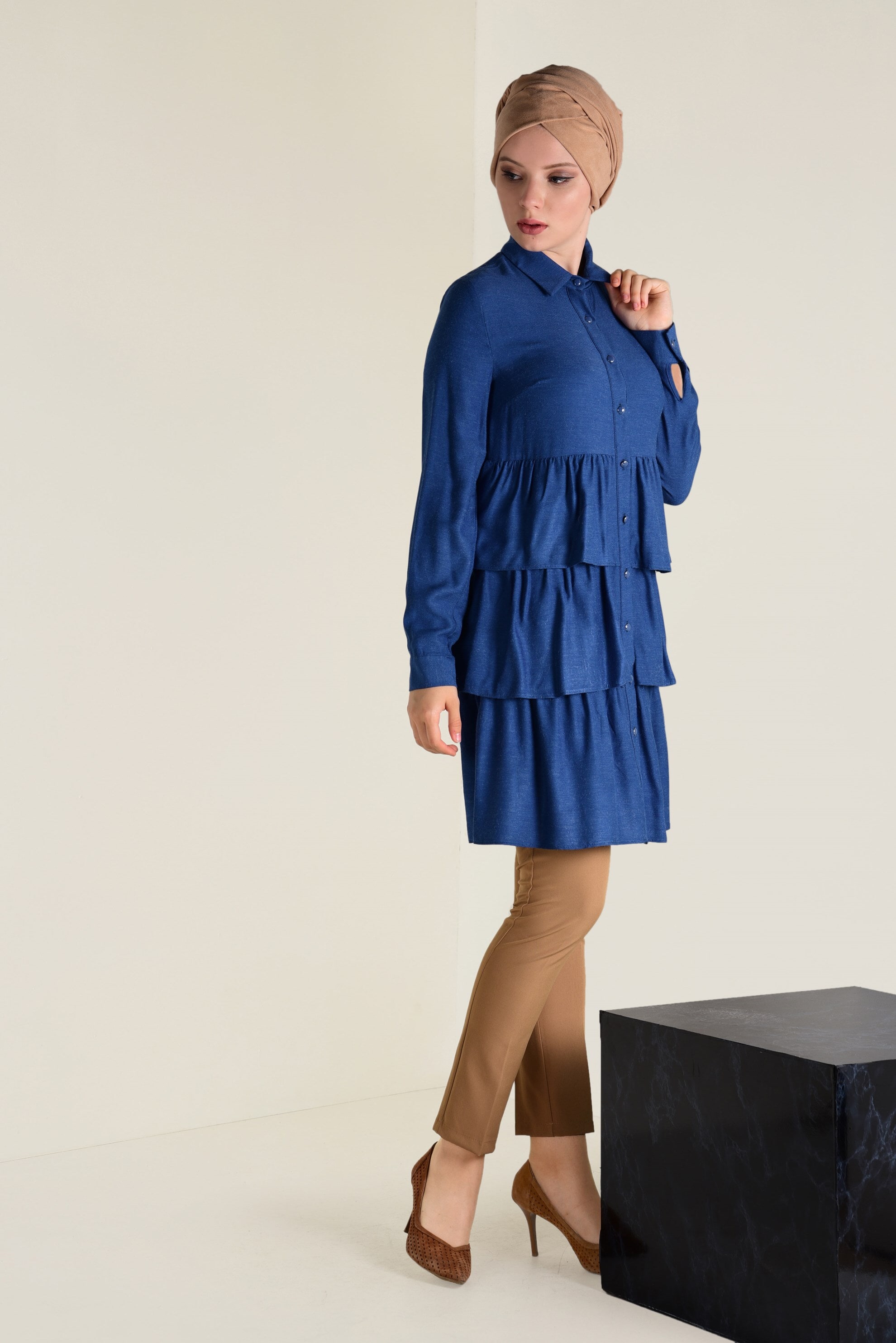 Tesettür giyim LACİVERT VOLANLI KAT KAT TUNİK 4632 