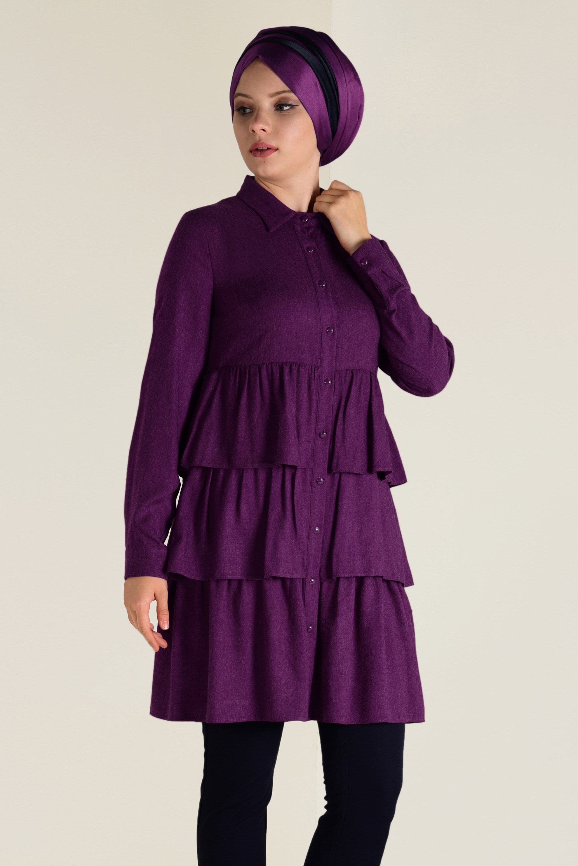 Tesettür giyim MOR VOLANLI KAT KAT TUNİK 4632 