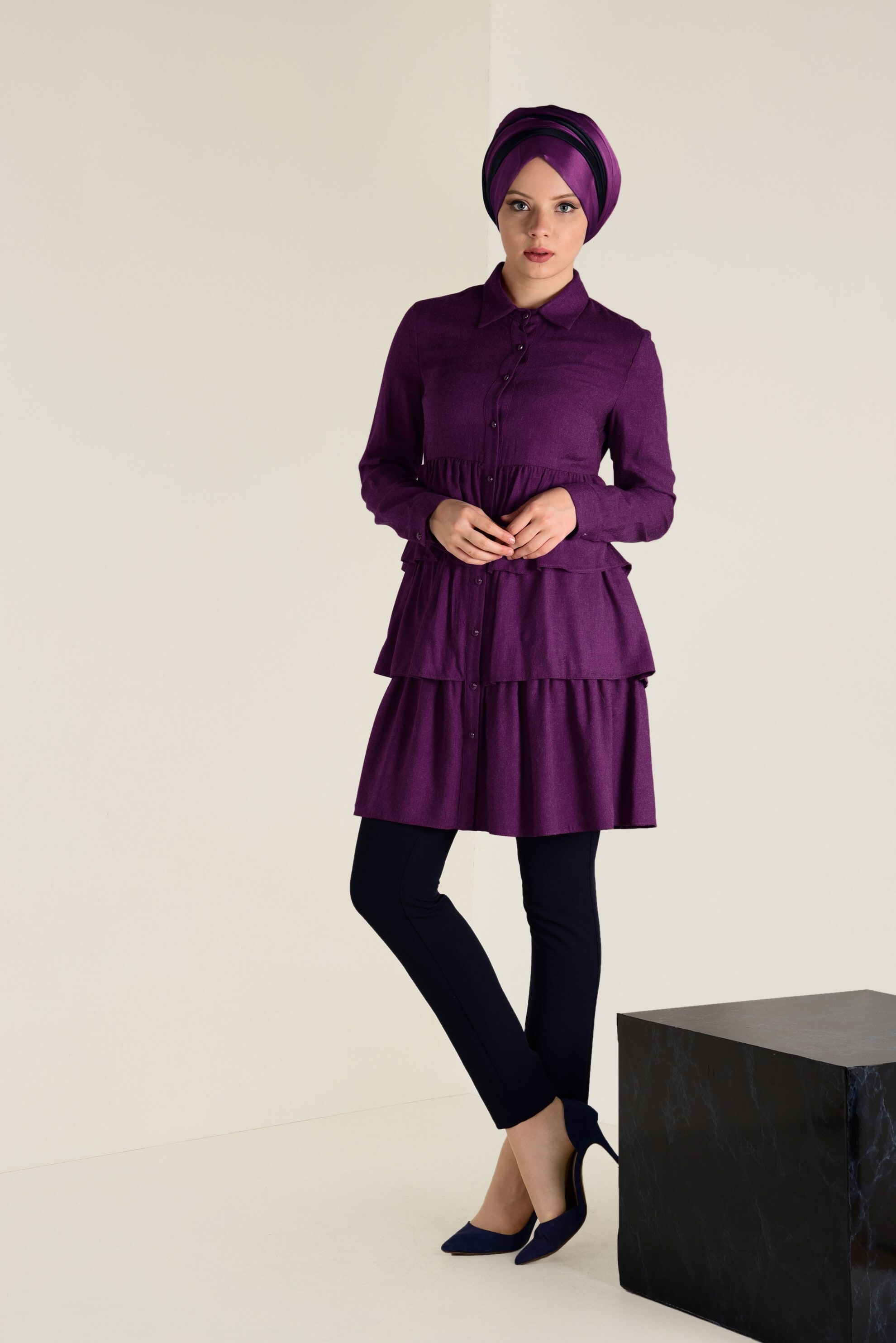 Tesettür giyim MOR VOLANLI KAT KAT TUNİK 4632 