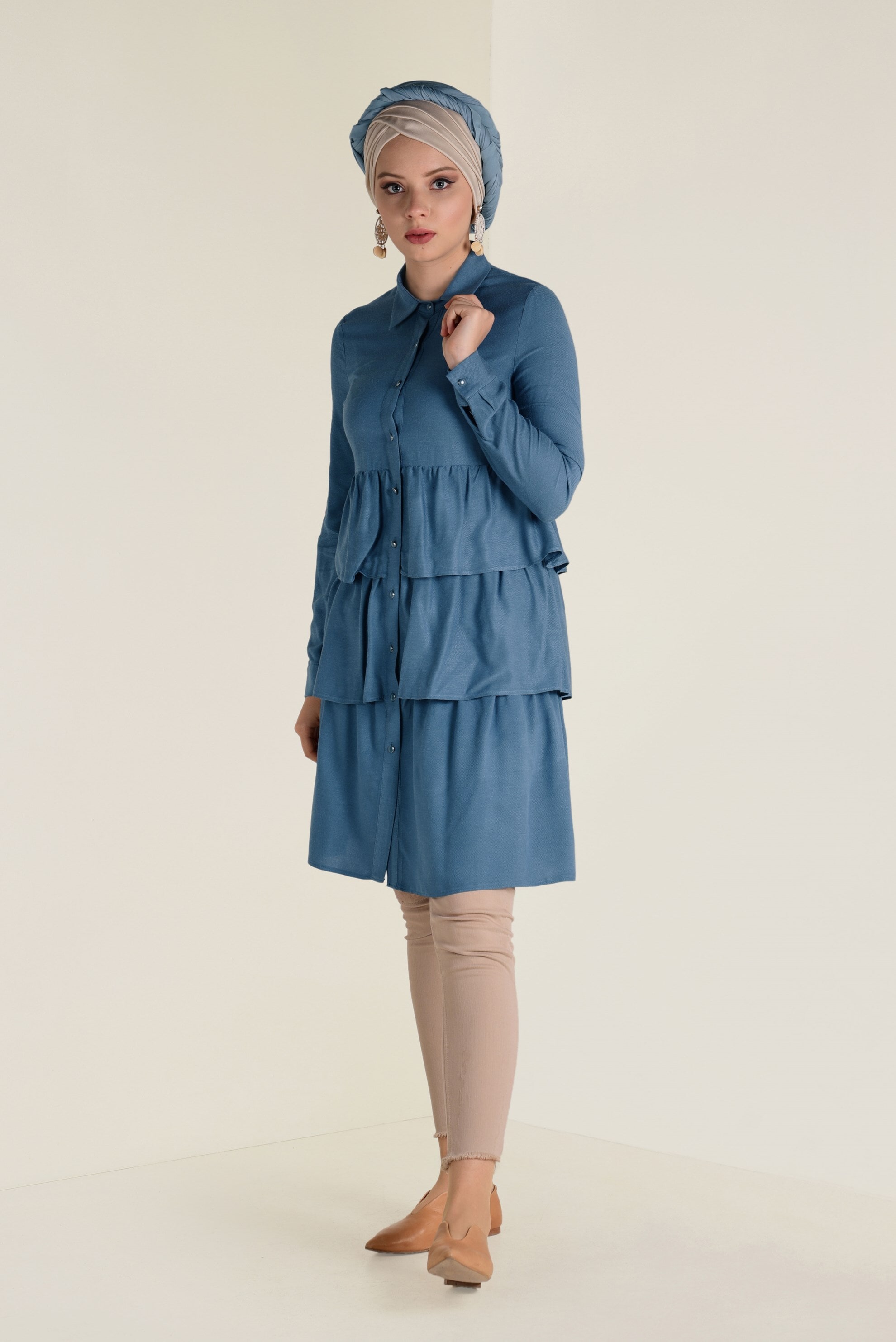 Tesettür giyim MAVİ VOLANLI KAT KAT TUNİK 4632 