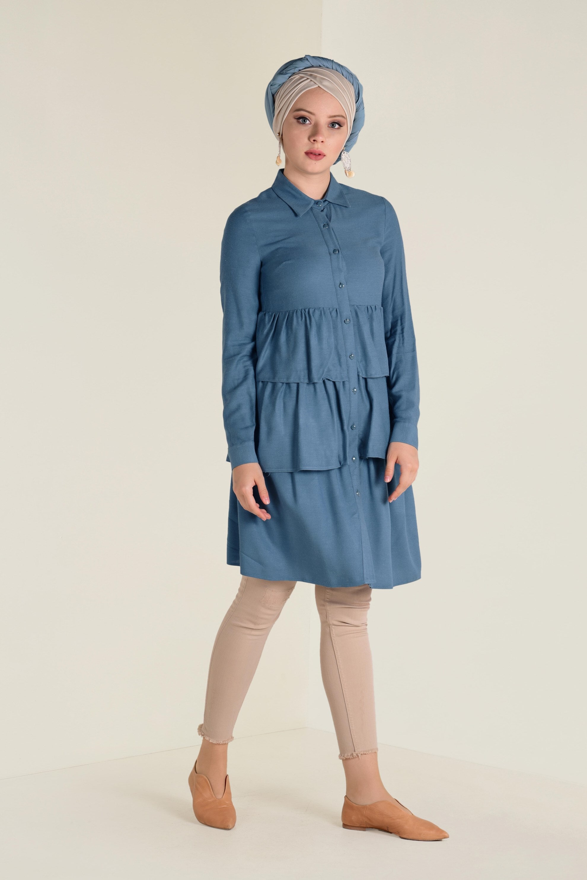 Tesettür giyim MAVİ VOLANLI KAT KAT TUNİK 4632 
