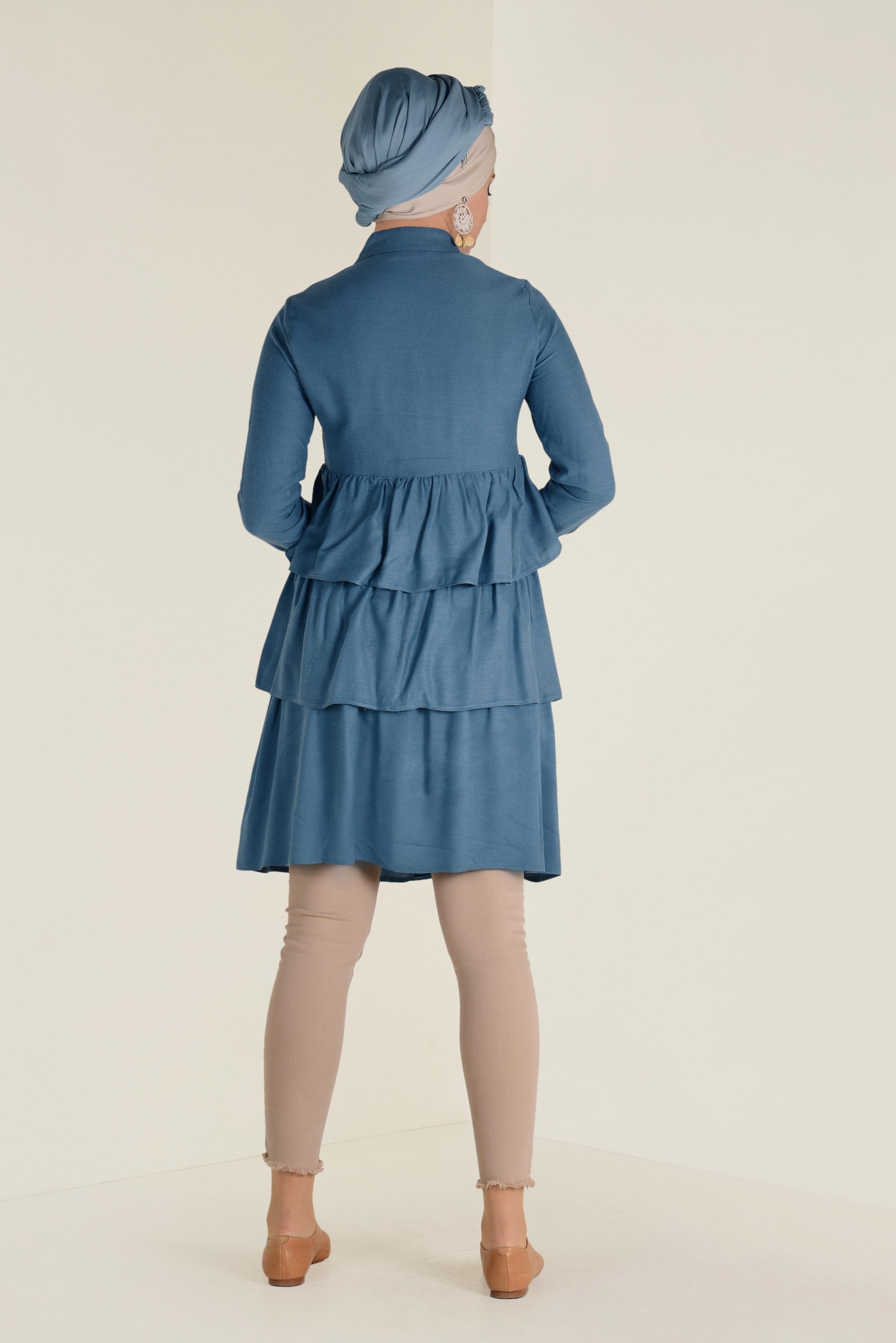 Tesettür giyim MAVİ VOLANLI KAT KAT TUNİK 4632 