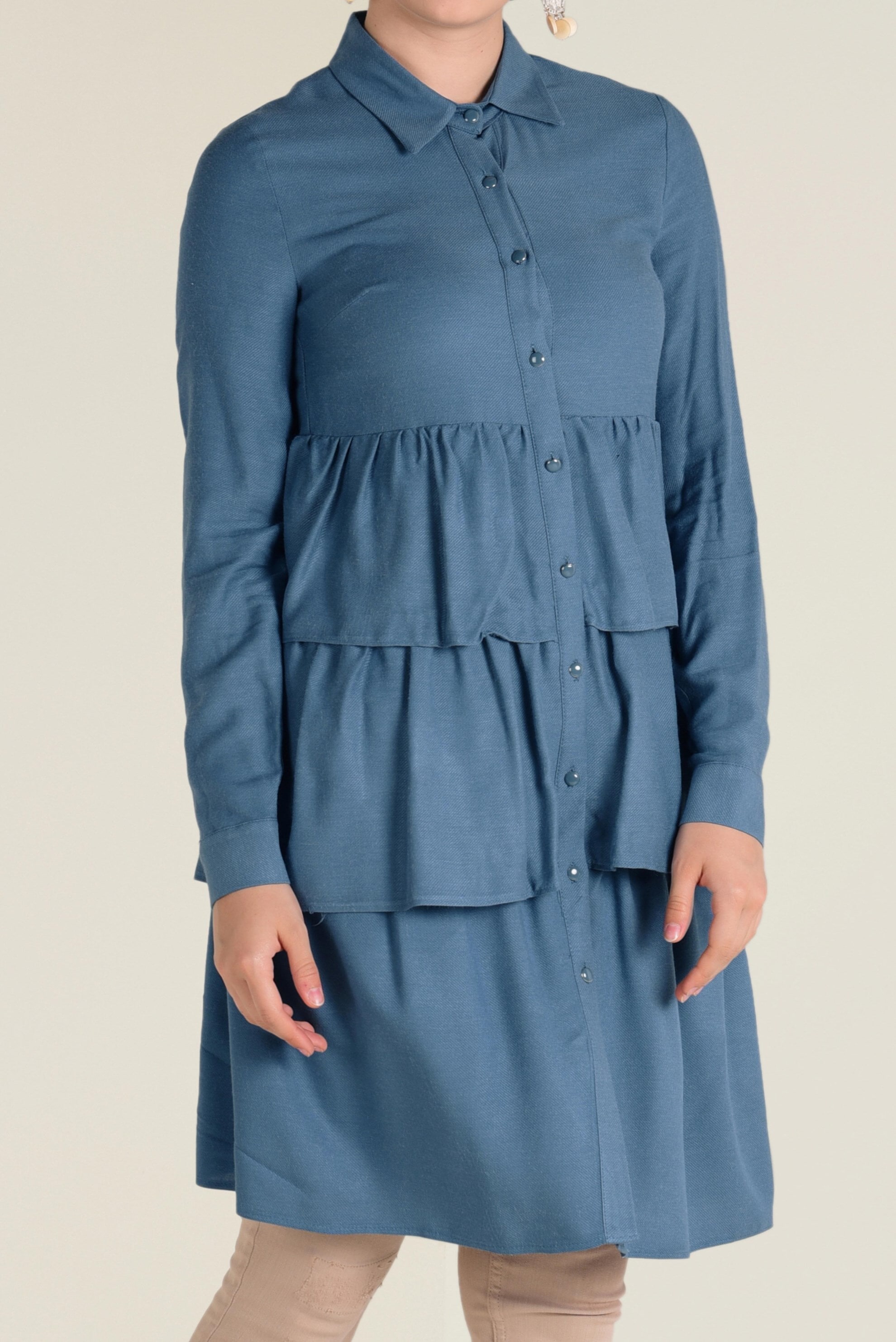 Tesettür giyim MAVİ VOLANLI KAT KAT TUNİK 4632 