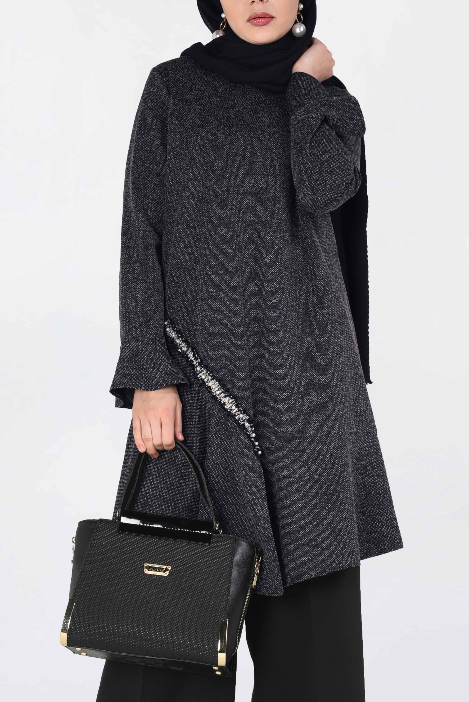 Tesettür giyim LACİVERT KOLLARI VOLANLI KIRÇILLI TUNİK 4641 