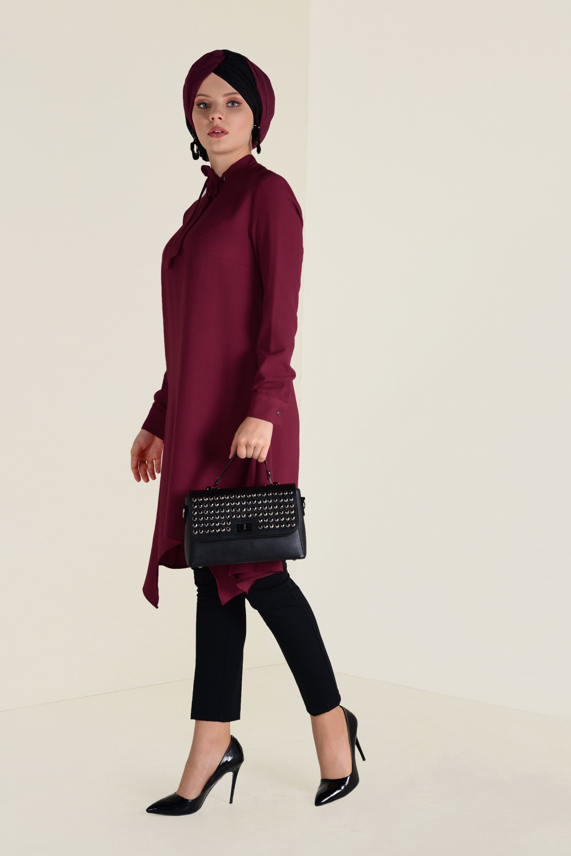 Tesettür giyim BORDO YAKASI BAĞCIKLI TUNİK 4642