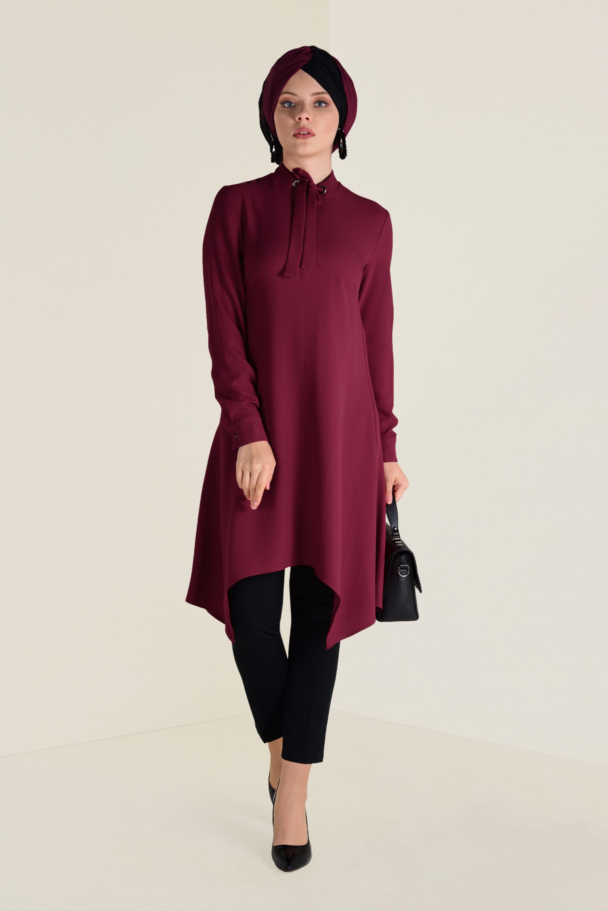 Tesettür giyim BORDO YAKASI BAĞCIKLI TUNİK 4642