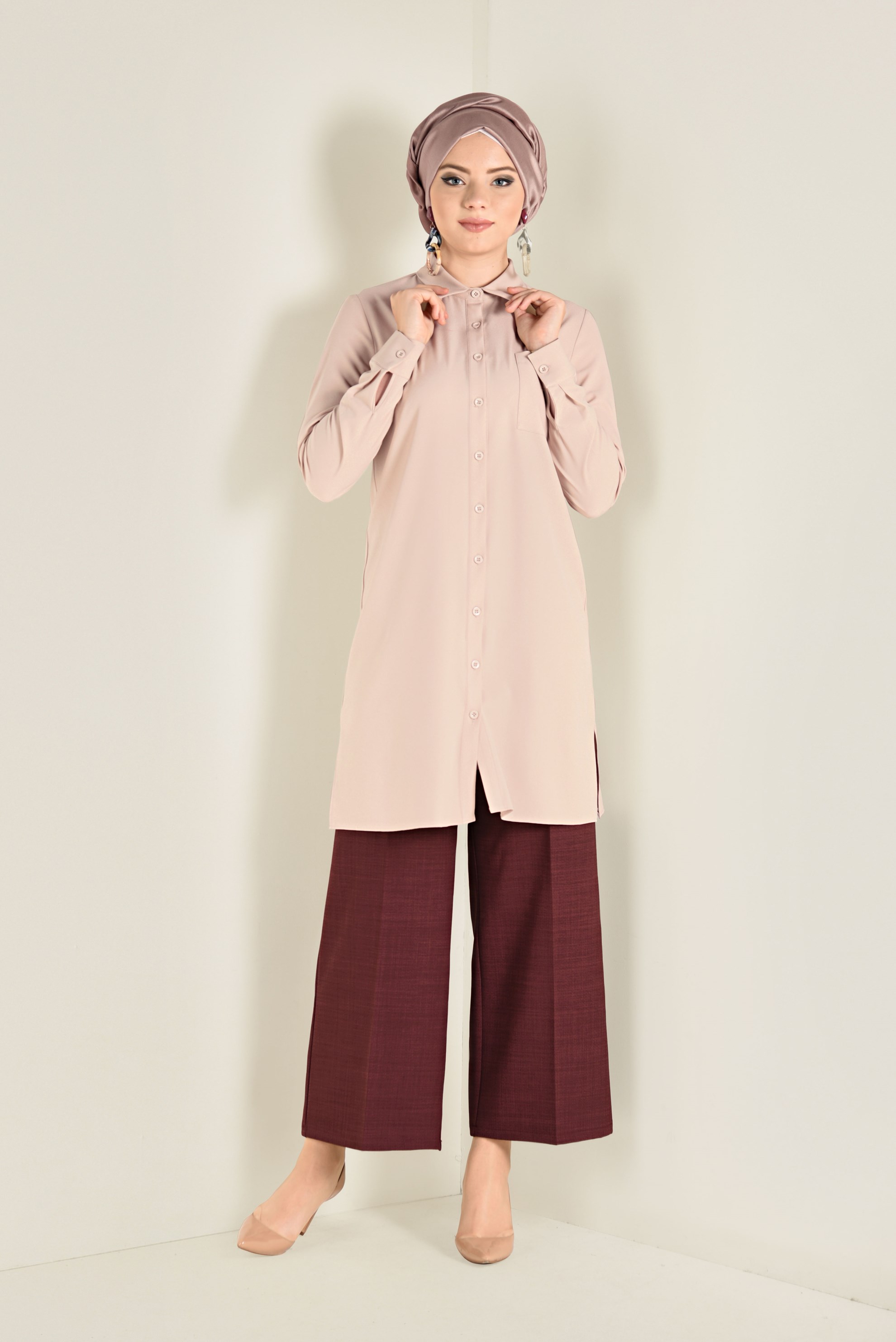 Tesettür giyim BEJ DÜĞMELİ TUNİK 4644