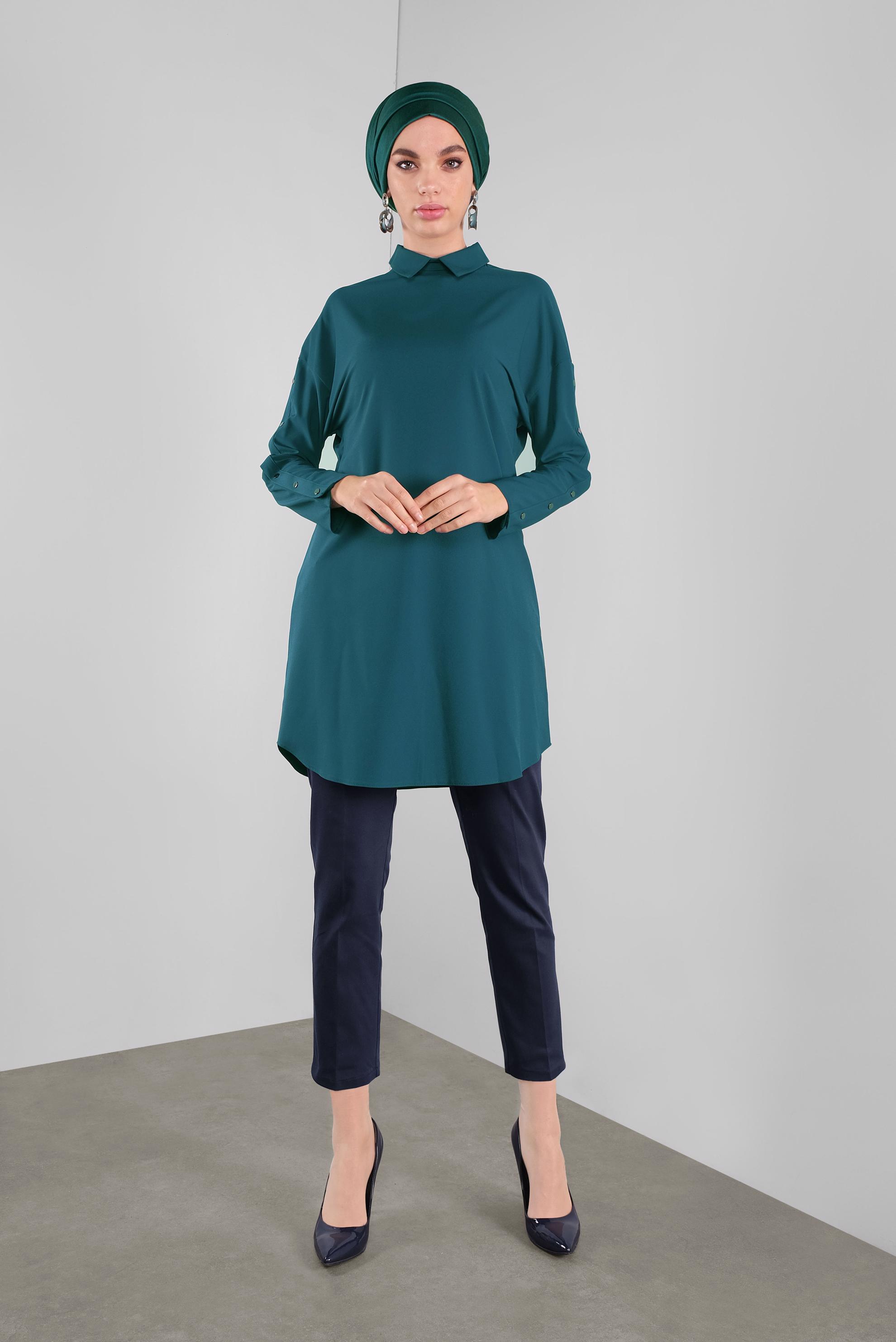 Tesettür giyim YEŞİL KOLLARI ÇITÇITLI TUNİK 4661