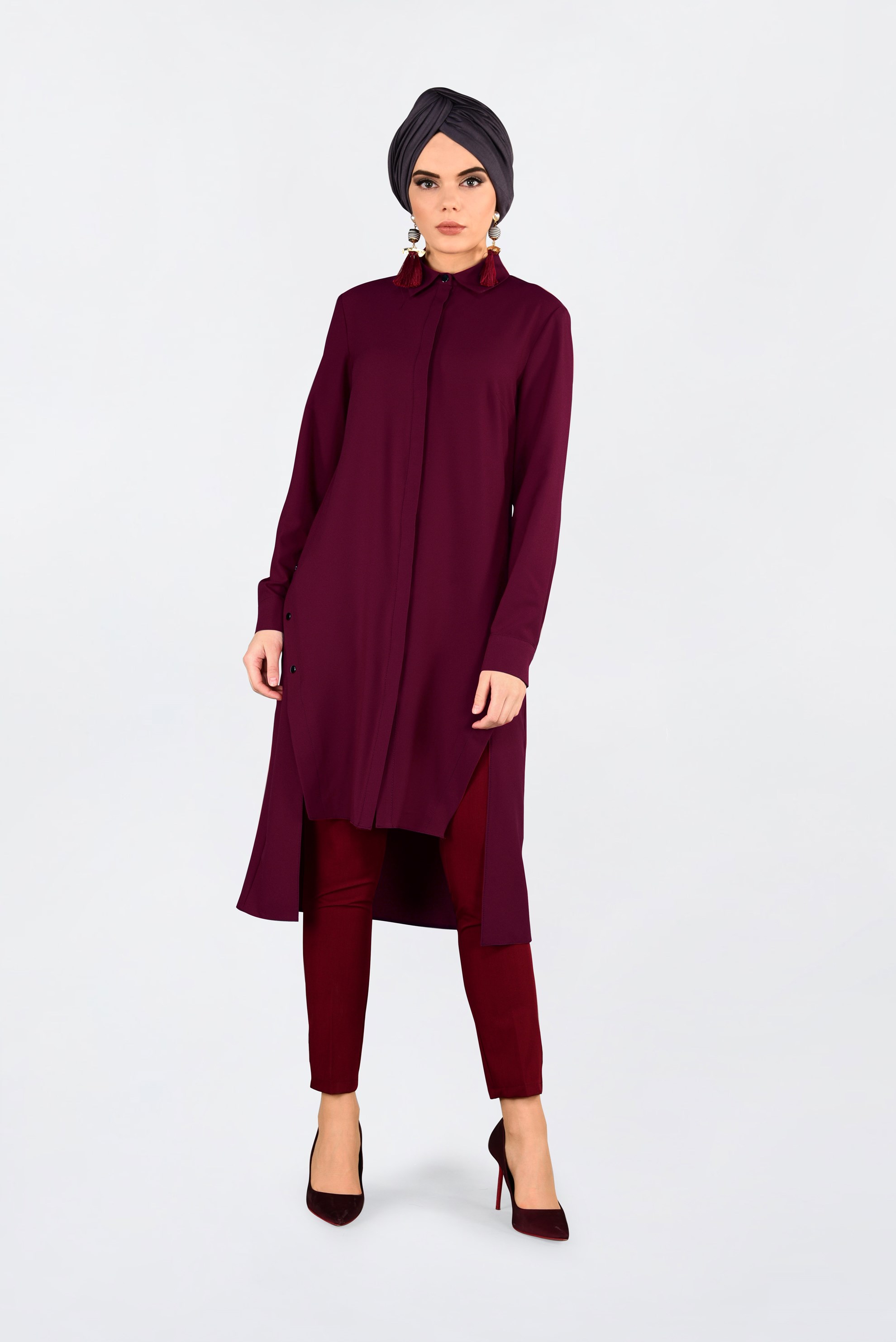 Tesettür giyim BORDO ZIMBALI ASİMETRİK KESİM TUNİK 4671