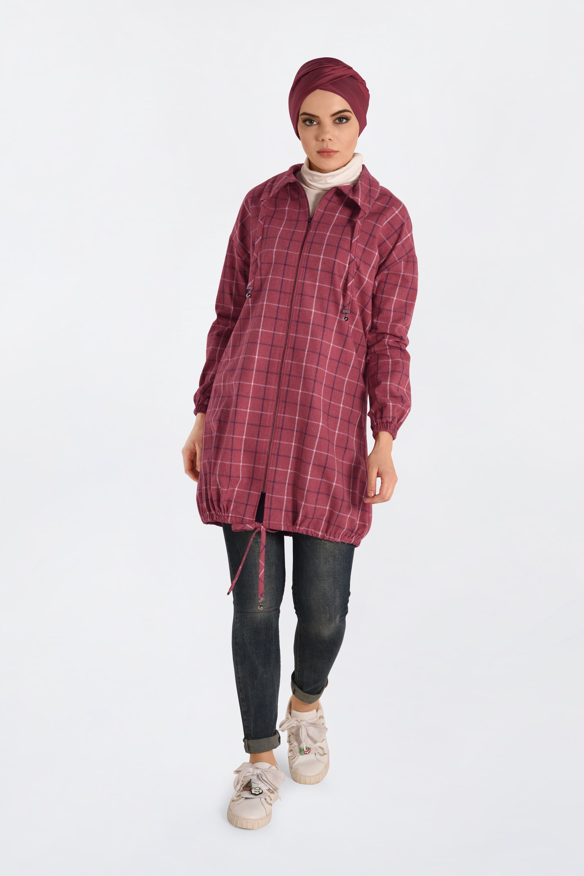 Tesettür giyim KIRMIZI KARE DESENLİ FERMUARLI TUNİK 4672 