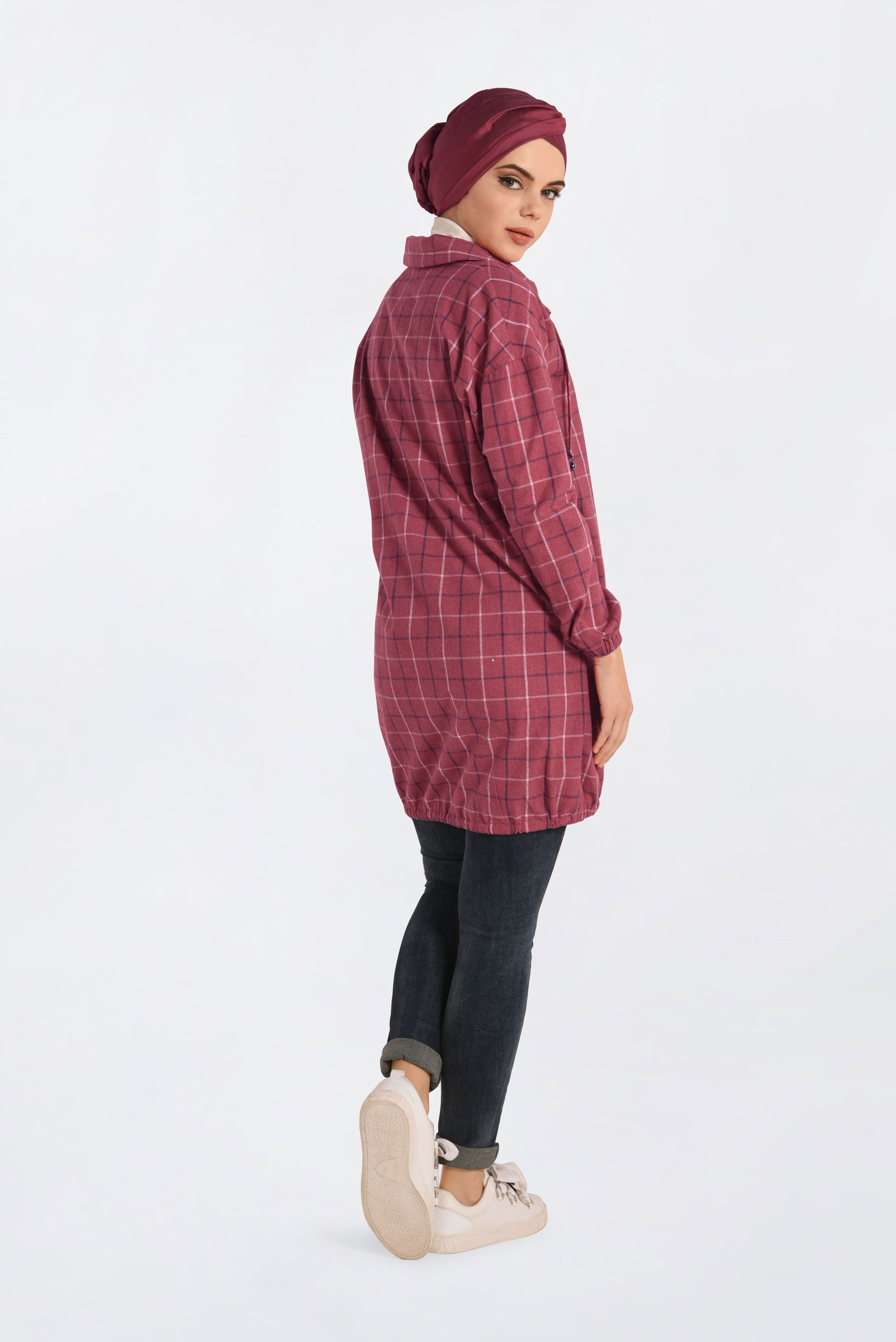 Tesettür giyim KIRMIZI KARE DESENLİ FERMUARLI TUNİK 4672 