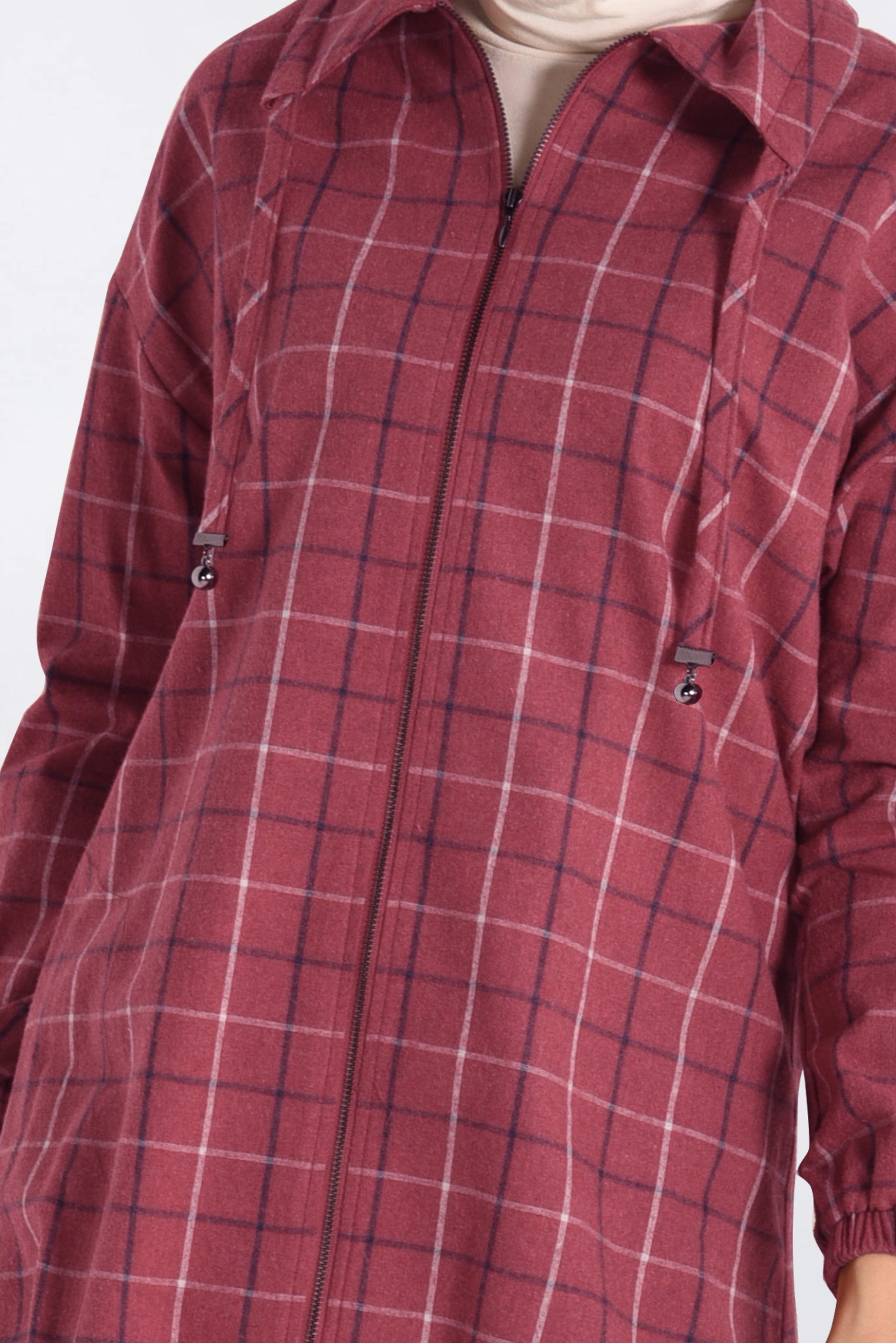 Tesettür giyim KIRMIZI KARE DESENLİ FERMUARLI TUNİK 4672 