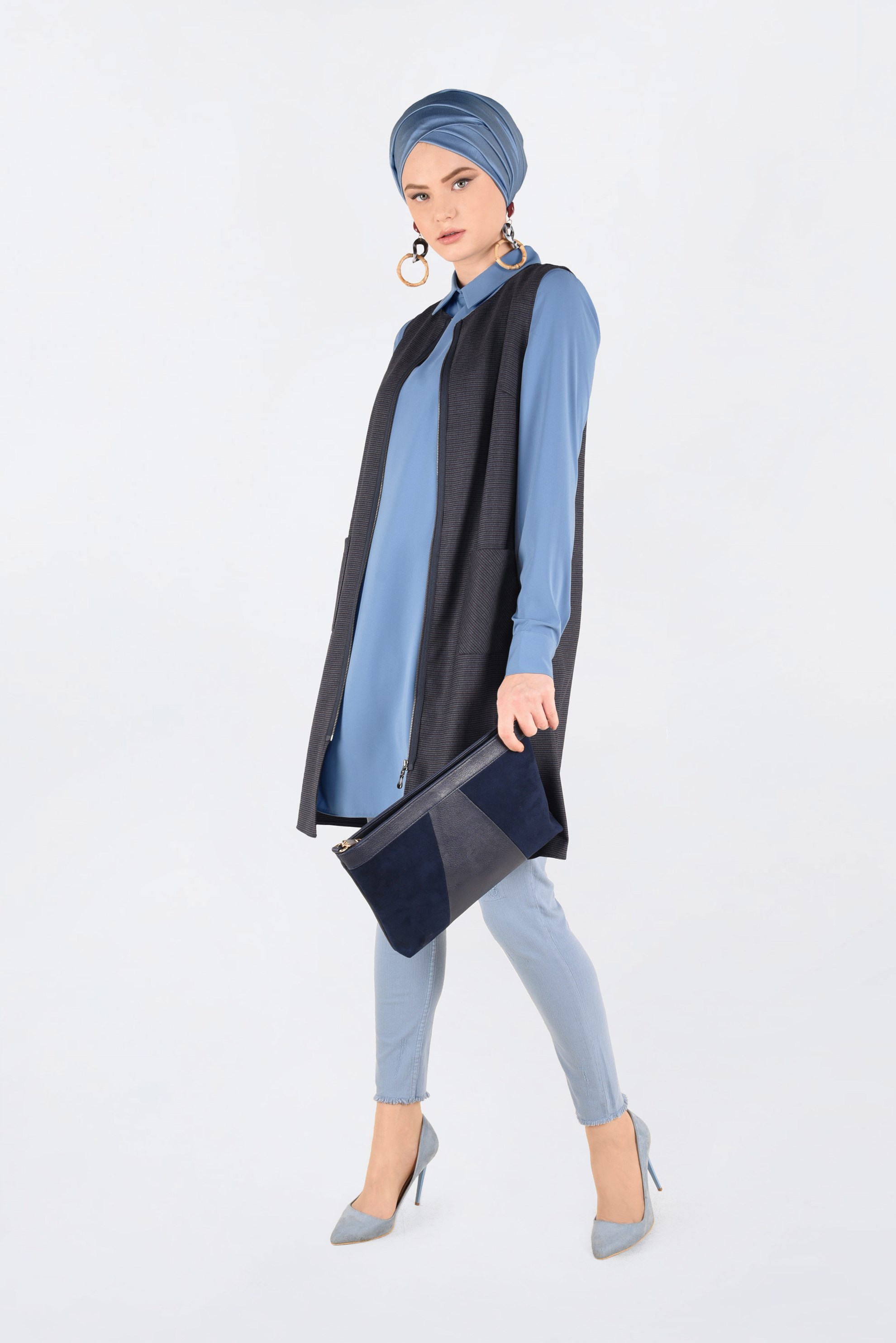 Tesettür giyim MAVİ İKİLİ YELEKLİ TUNİK 4687