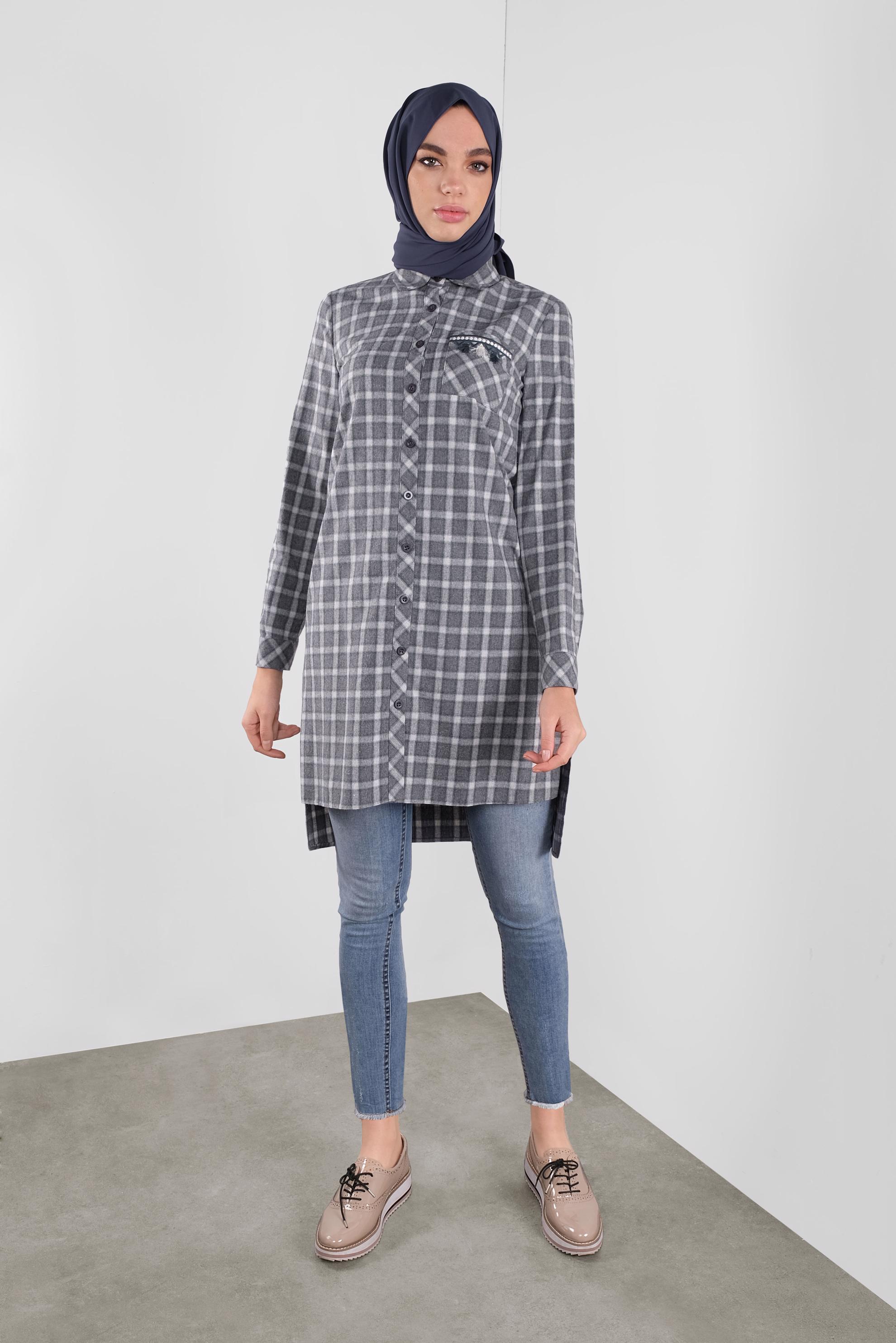 Tesettür giyim LACİVERT BOYDAN DÜĞMELİ EKOSE DESEN TUNİK 4699