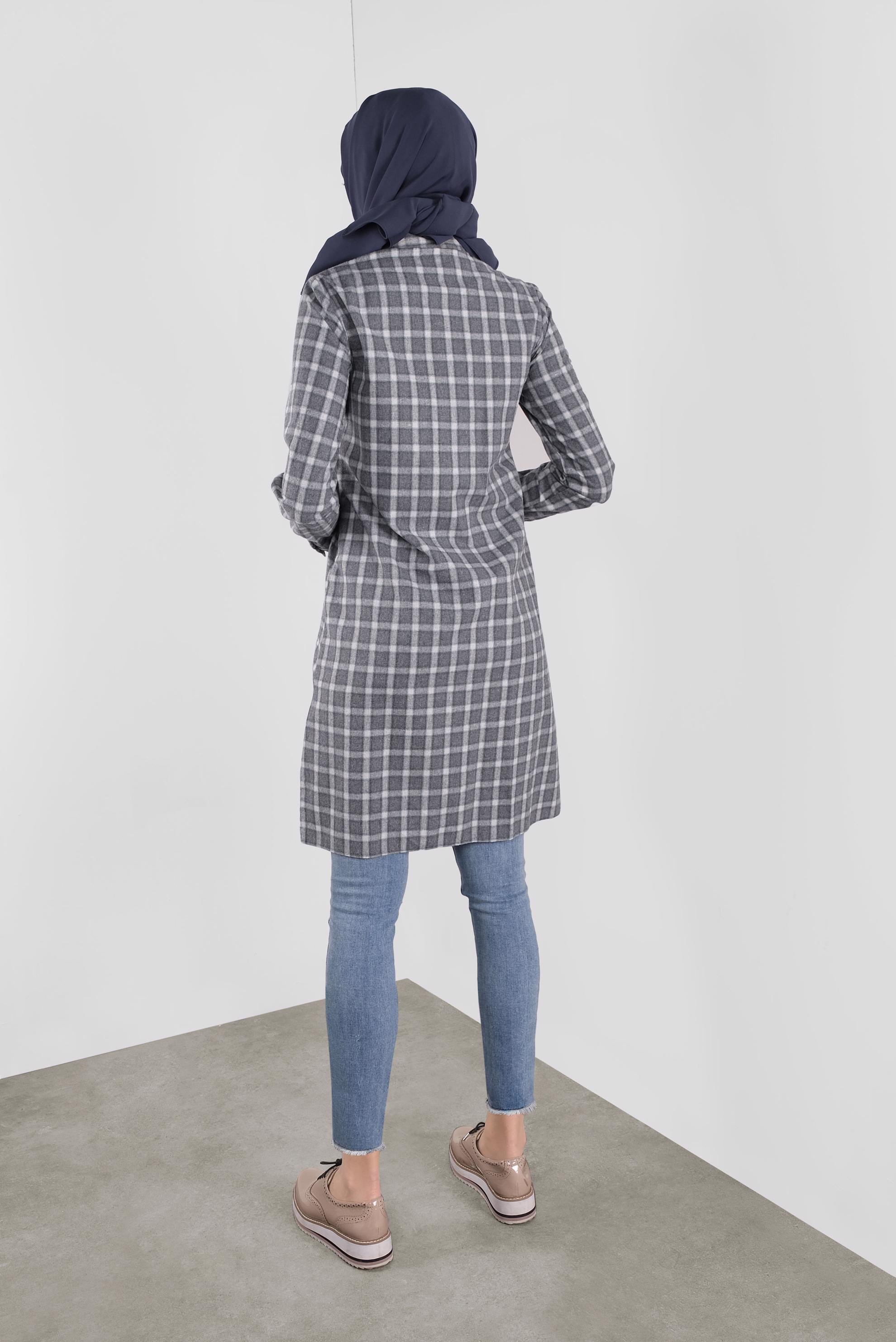 Tesettür giyim LACİVERT BOYDAN DÜĞMELİ EKOSE DESEN TUNİK 4699