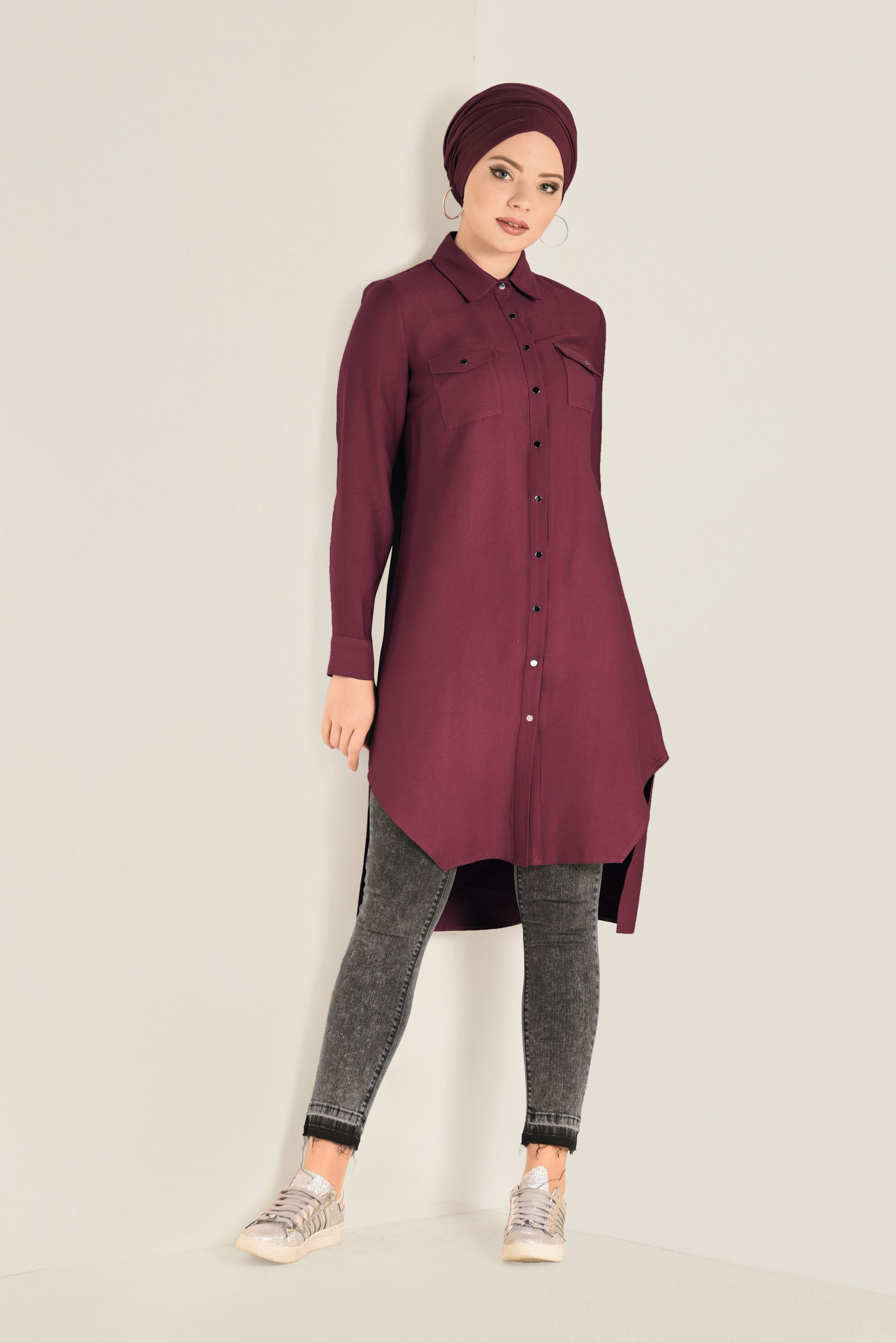 Tesettür giyim KIRMIZI GÖMLEK YAKA TUNİK 4701
