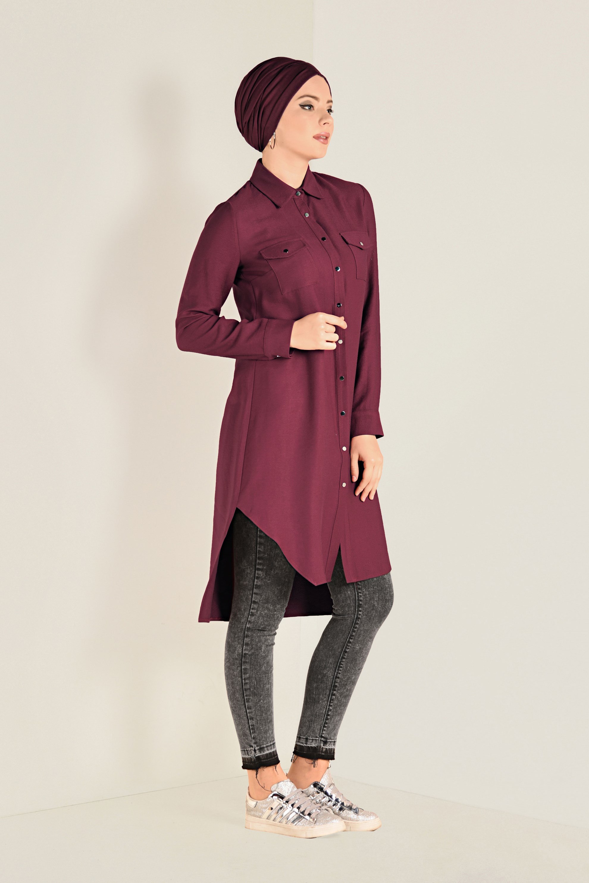Tesettür giyim KIRMIZI GÖMLEK YAKA TUNİK 4701