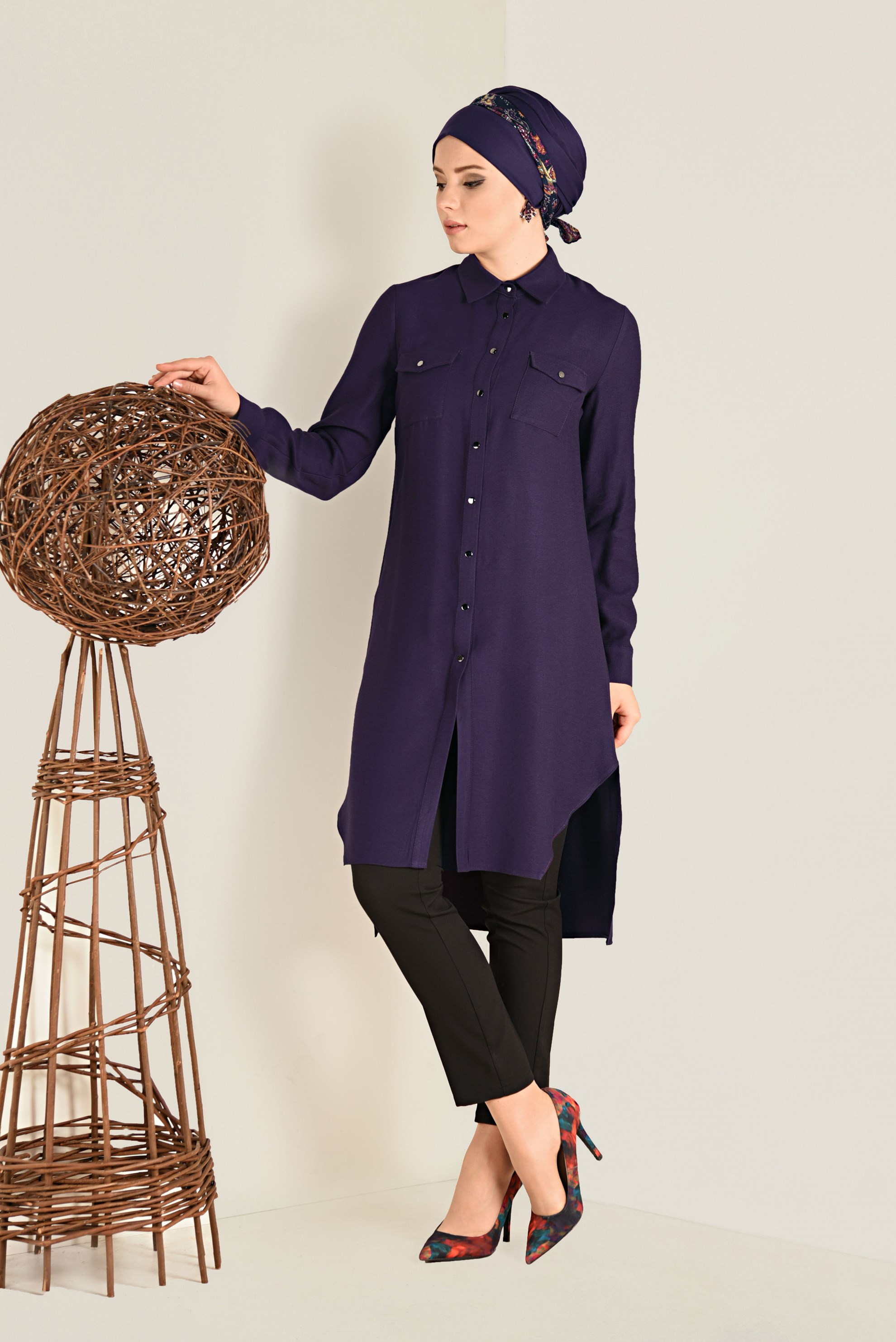 Tesettür giyim MOR GÖMLEK YAKA TUNİK 4701