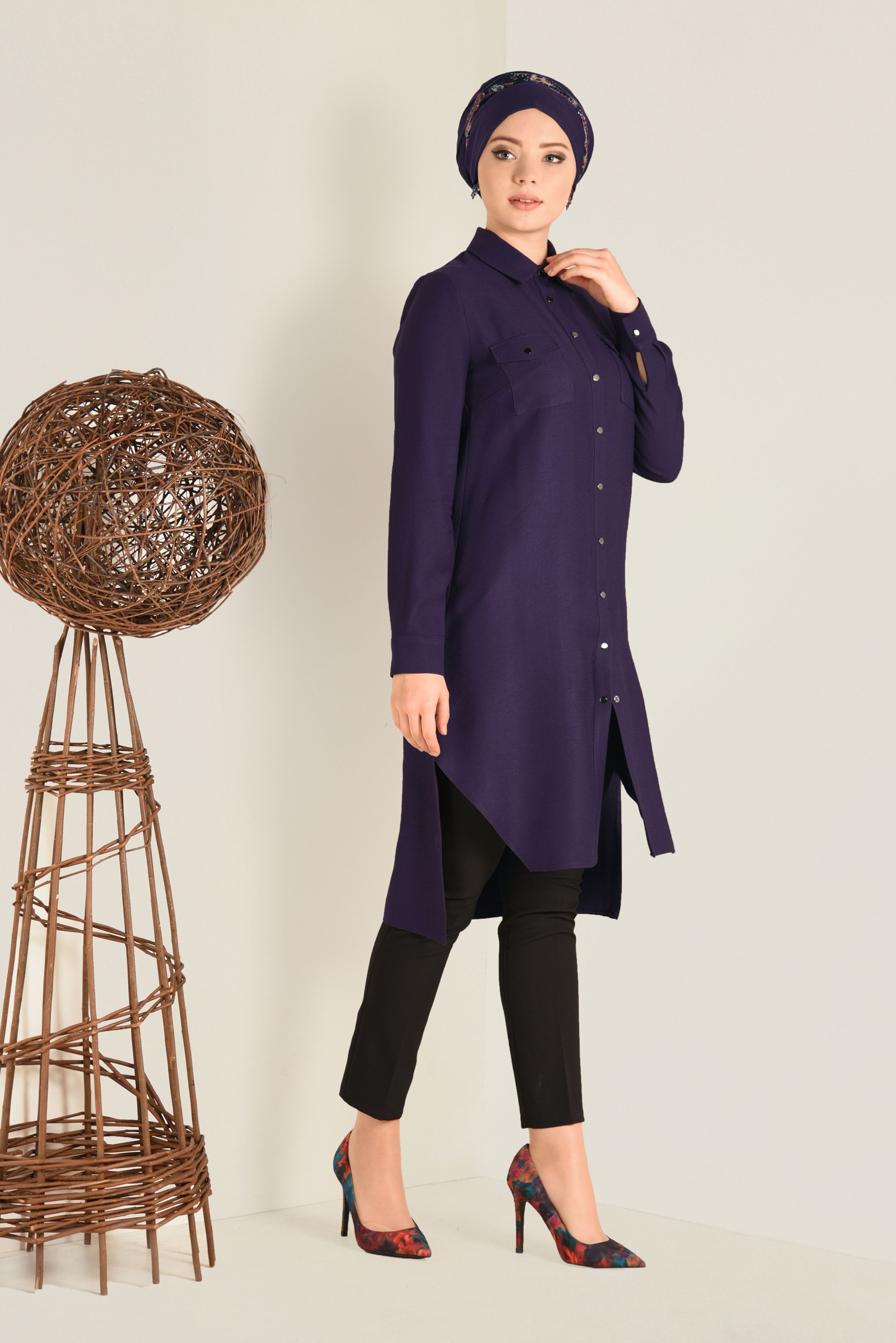 Tesettür giyim MOR GÖMLEK YAKA TUNİK 4701