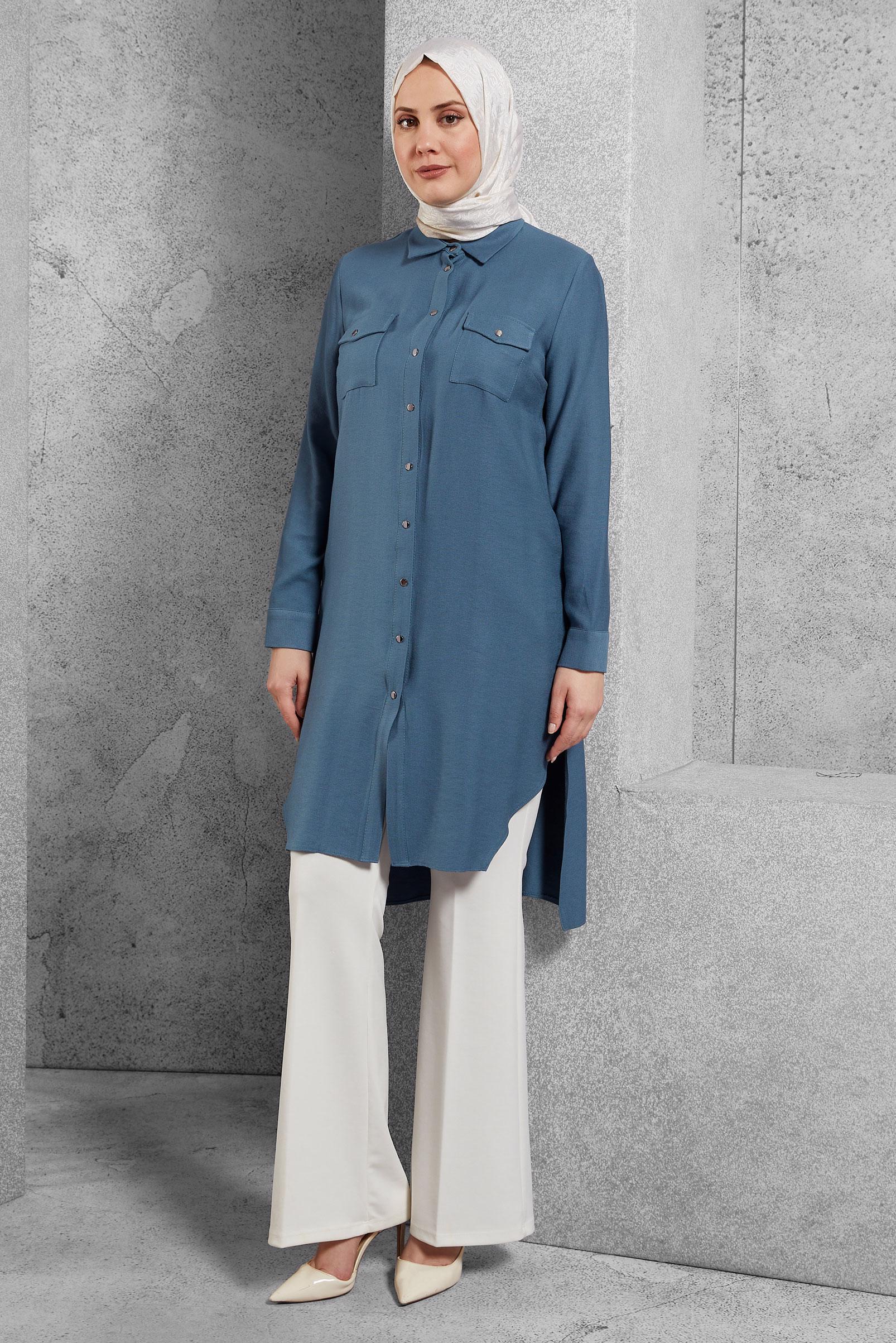 Tesettür giyim LACİVERT GÖMLEK YAKA TUNİK 4701