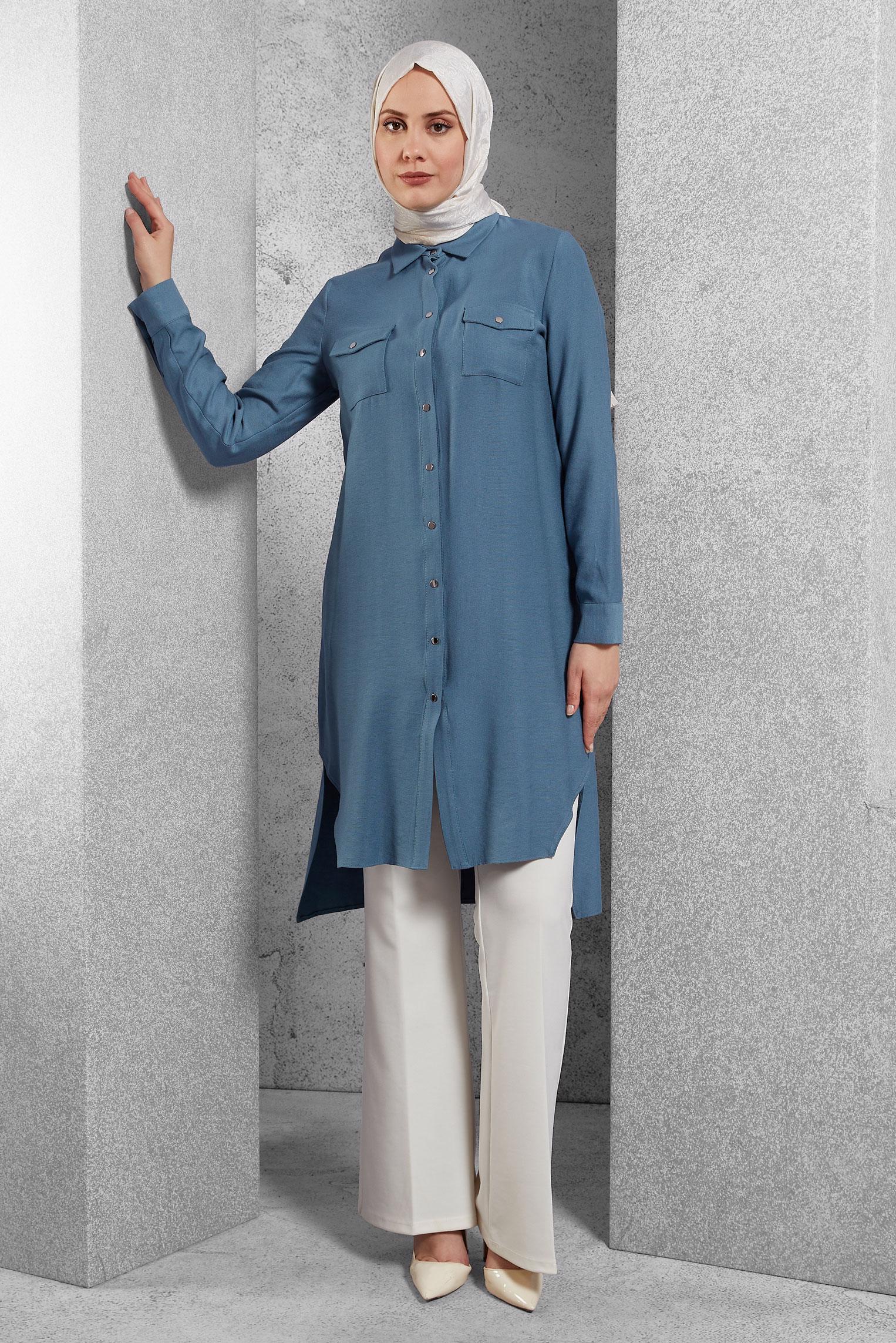 Tesettür giyim LACİVERT GÖMLEK YAKA TUNİK 4701
