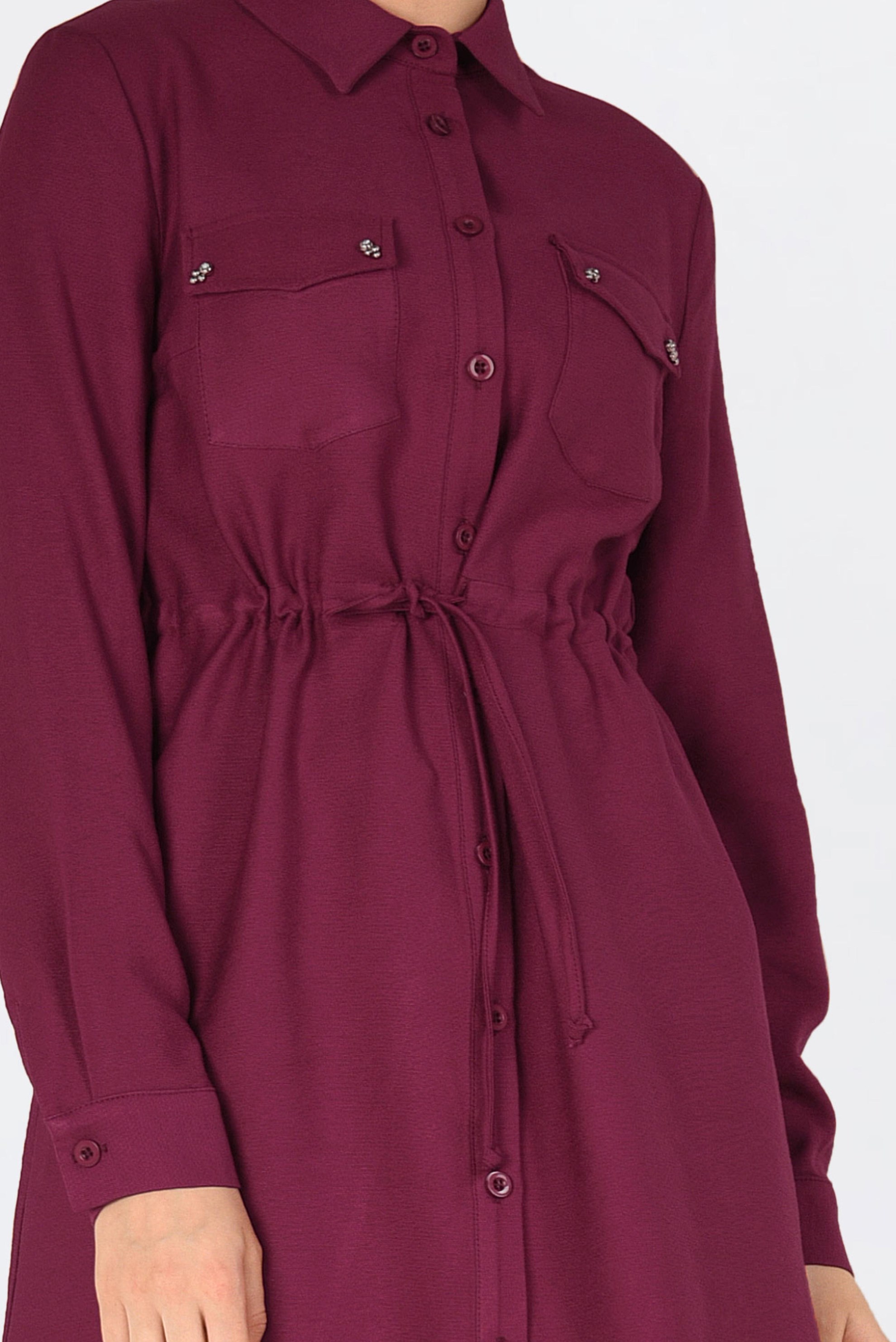 Tesettür giyim KIRMIZI BELİ BÜZGÜLÜ DÜĞMELİ TUNİK 4703 