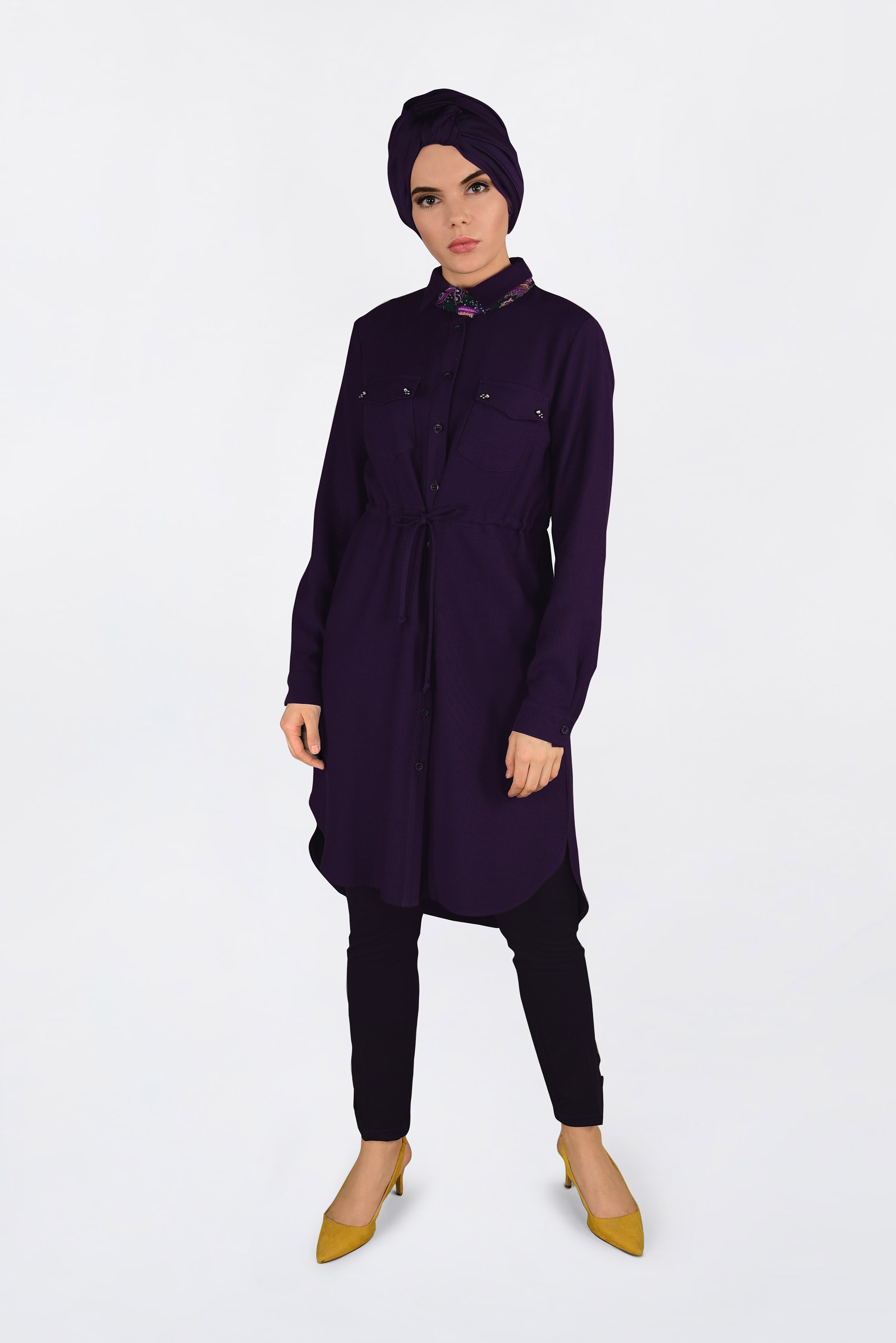 Tesettür giyim MÜRDÜM BELİ BÜZGÜLÜ DÜĞMELİ TUNİK 4703 