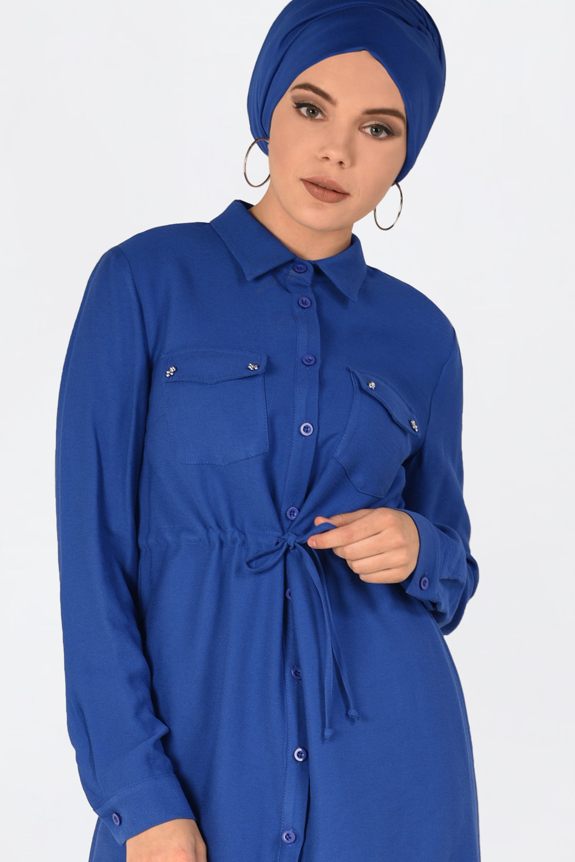 Tesettür giyim LACİVERT BELİ BÜZGÜLÜ DÜĞMELİ TUNİK 4703 