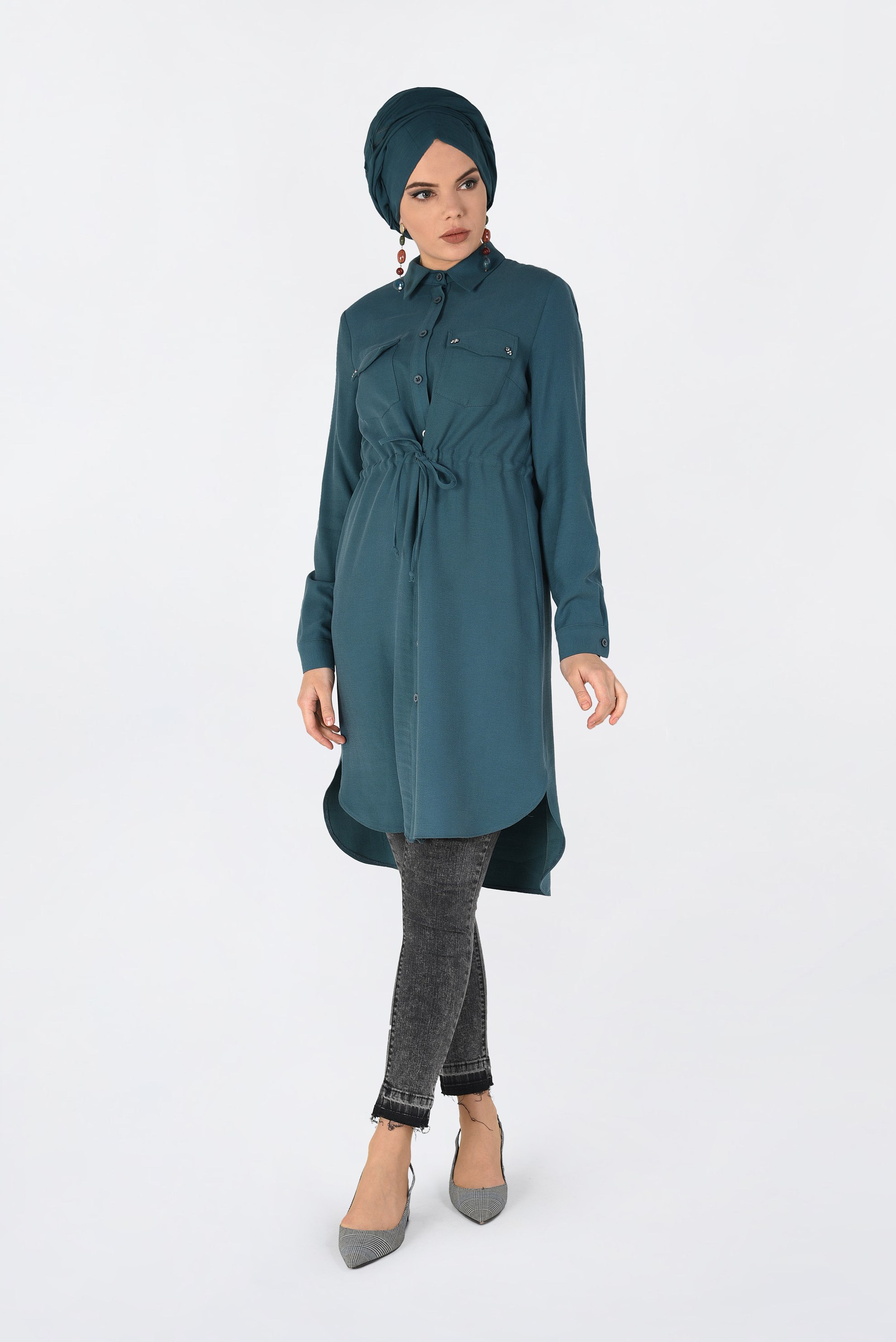 Tesettür giyim MAVİ BELİ BÜZGÜLÜ DÜĞMELİ TUNİK 4703 