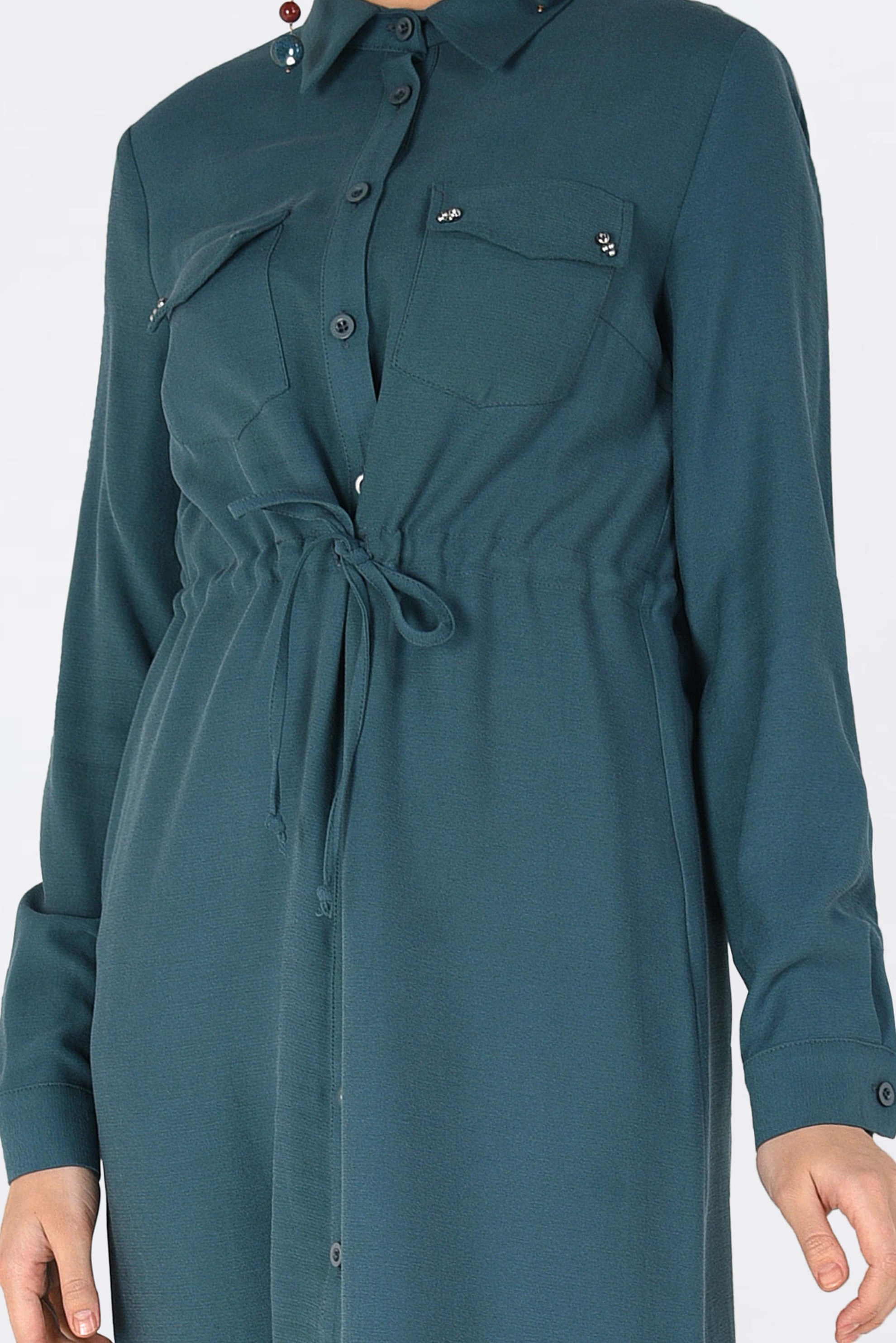 Tesettür giyim MAVİ BELİ BÜZGÜLÜ DÜĞMELİ TUNİK 4703 