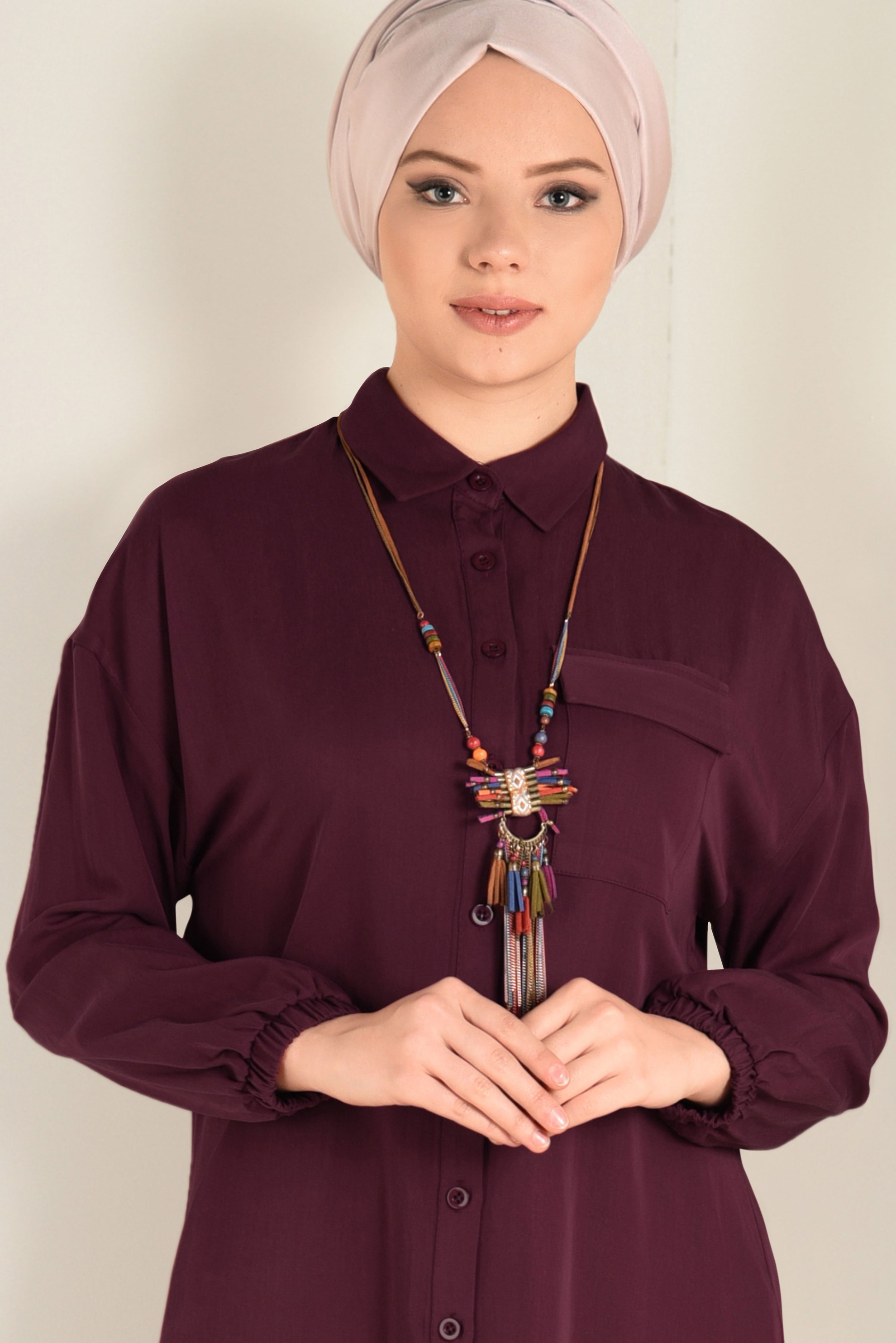 Tesettür giyim BORDO ETEK UCU BÜZGÜLÜ BİLEKLERİ LASTİKLİ TUNİK 4704 