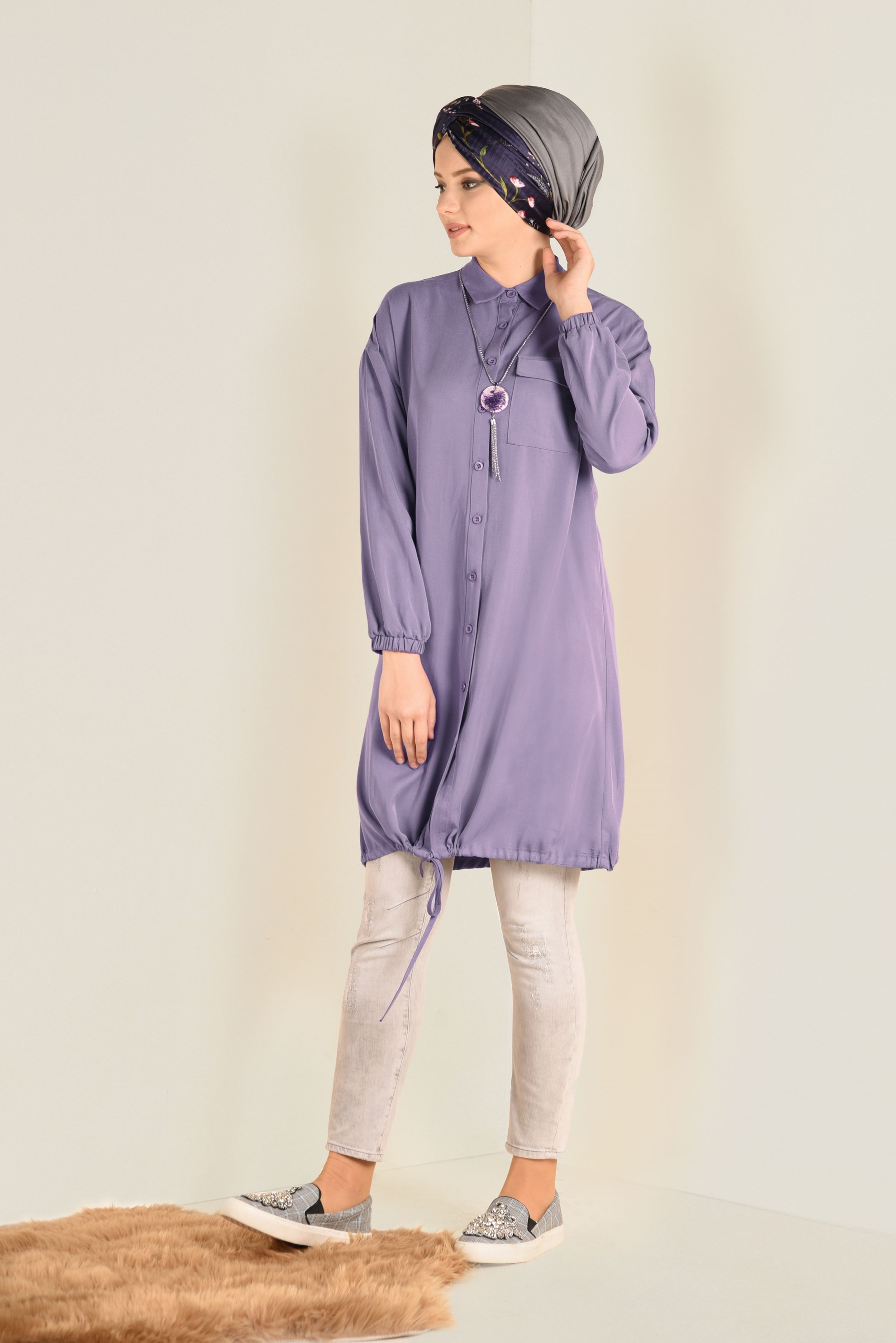Tesettür giyim MOR ETEK UCU BÜZGÜLÜ BİLEKLERİ LASTİKLİ TUNİK 4704 