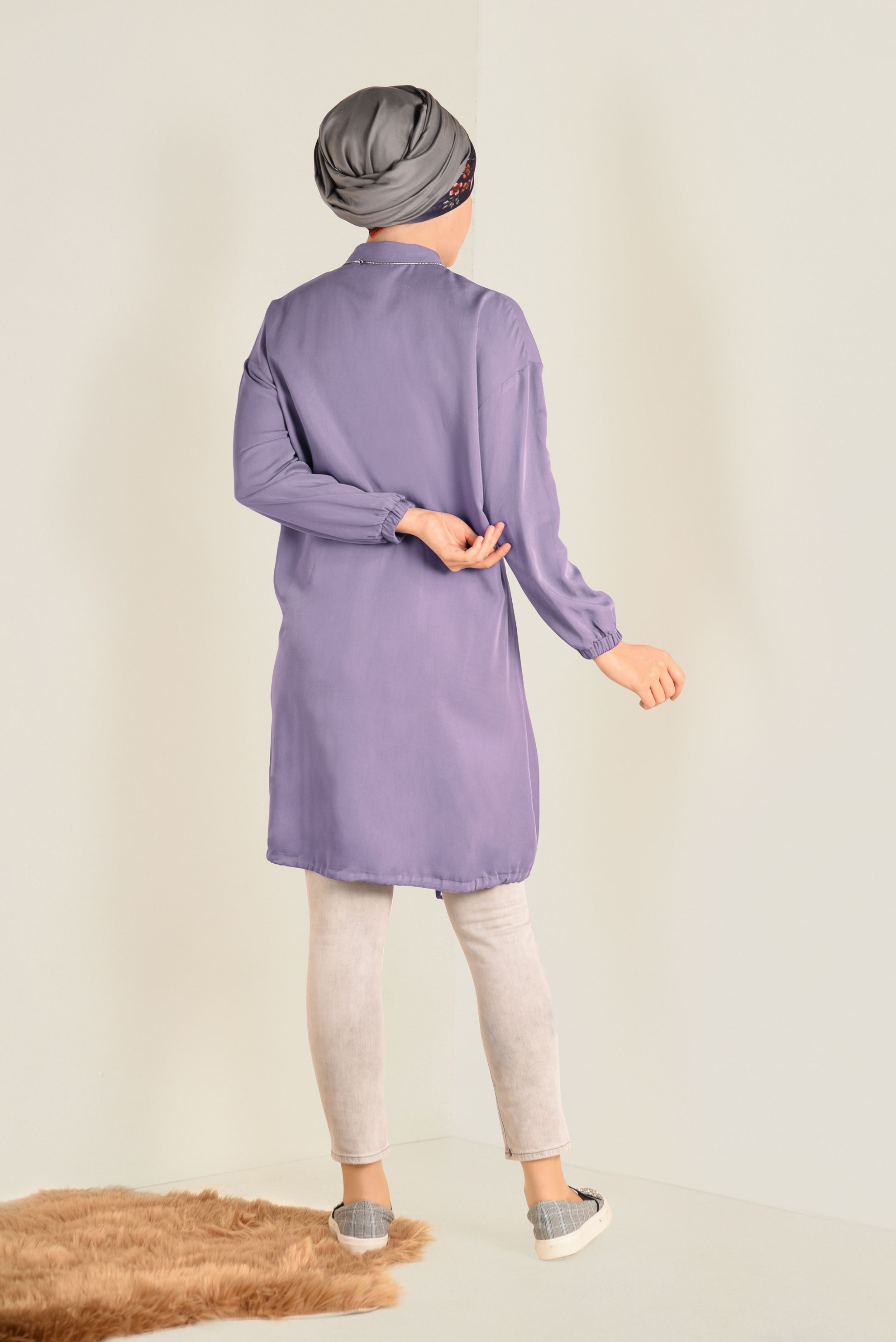 Tesettür giyim MOR ETEK UCU BÜZGÜLÜ BİLEKLERİ LASTİKLİ TUNİK 4704 