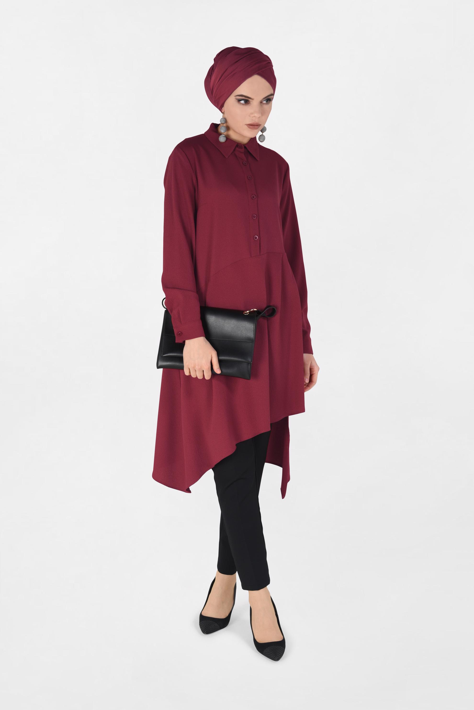 Tesettür giyim BORDO ASİMETRİK KESİM PİLE DETAYLI TUNİK 4706