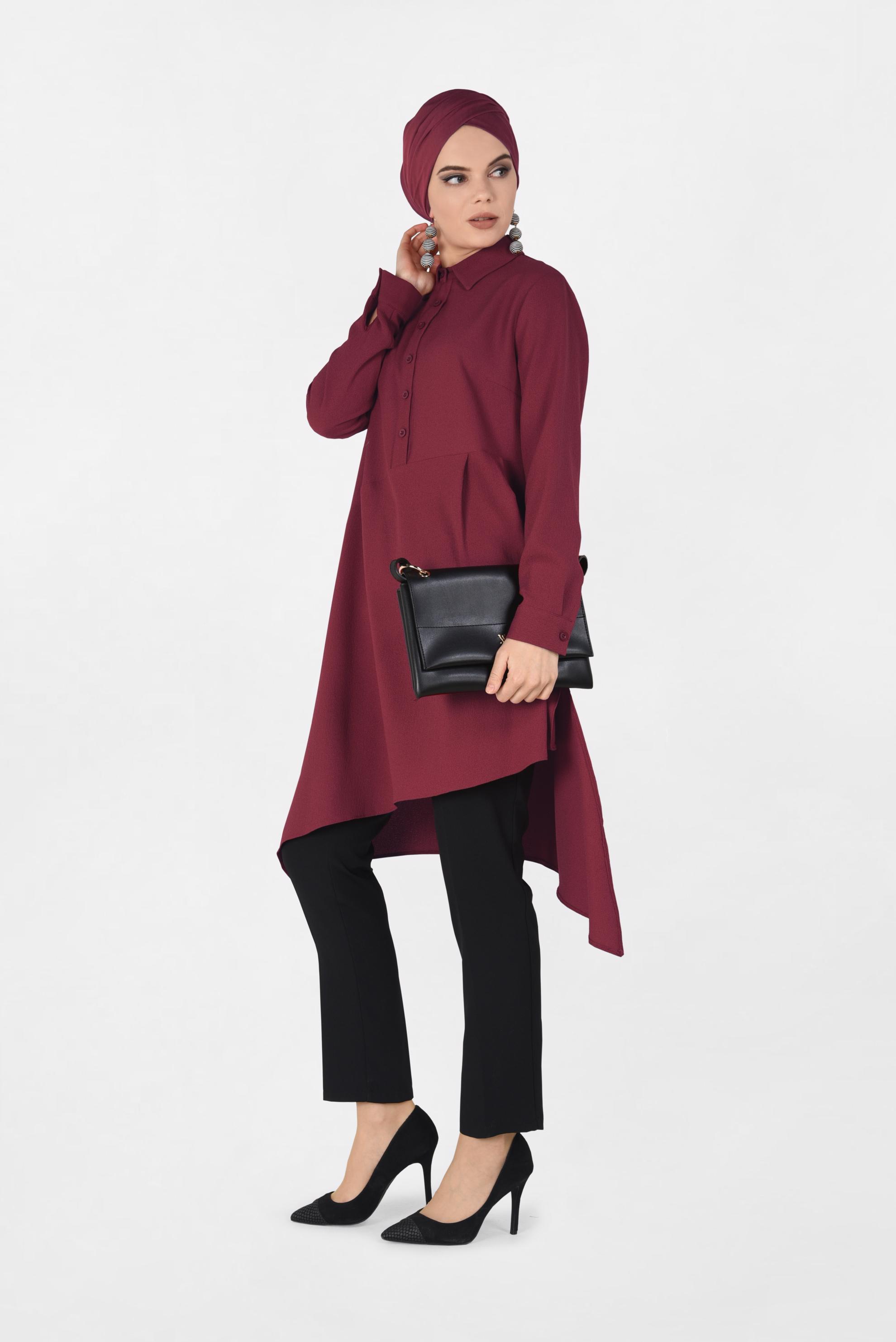 Tesettür giyim BORDO ASİMETRİK KESİM PİLE DETAYLI TUNİK 4706