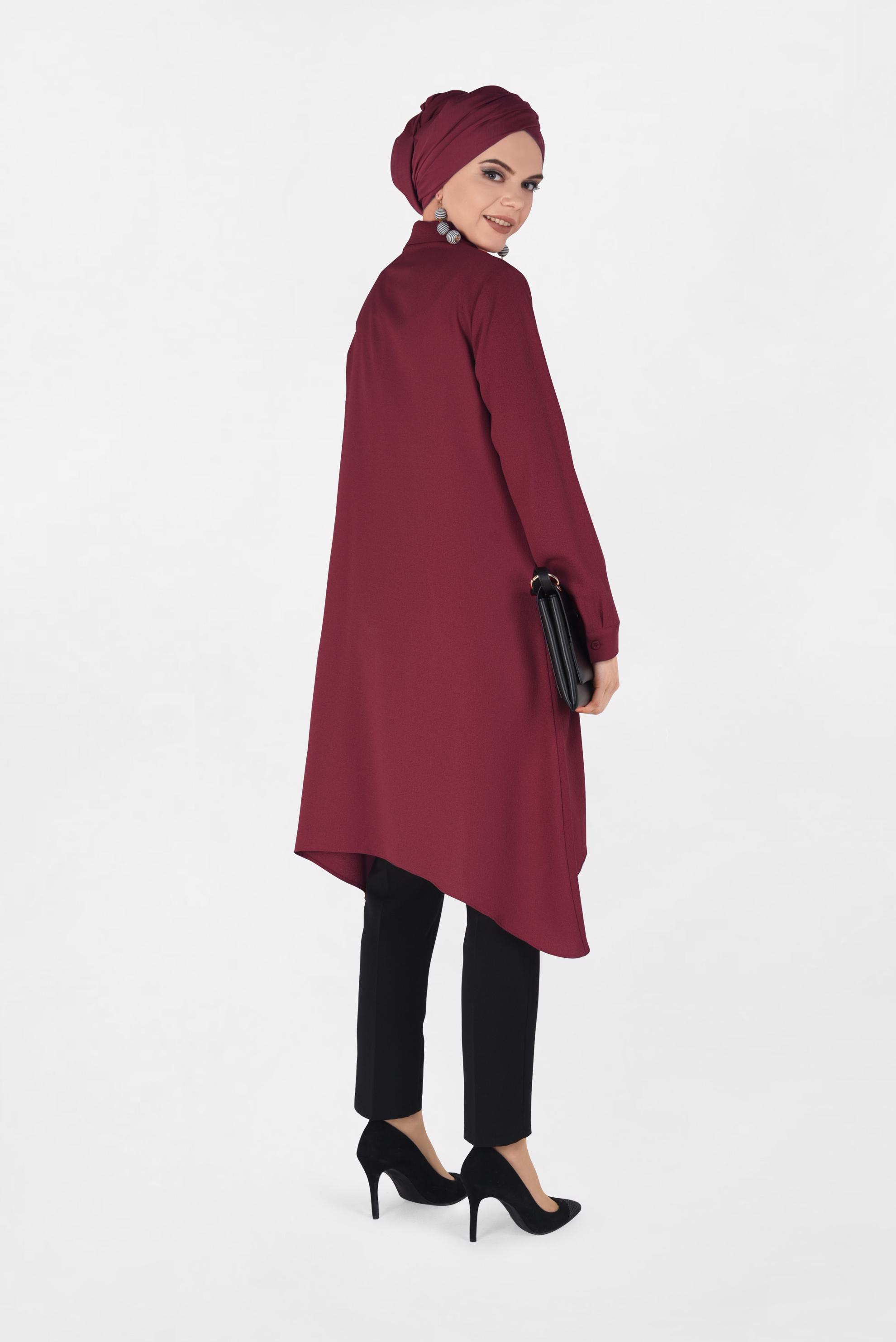 Tesettür giyim BORDO ASİMETRİK KESİM PİLE DETAYLI TUNİK 4706